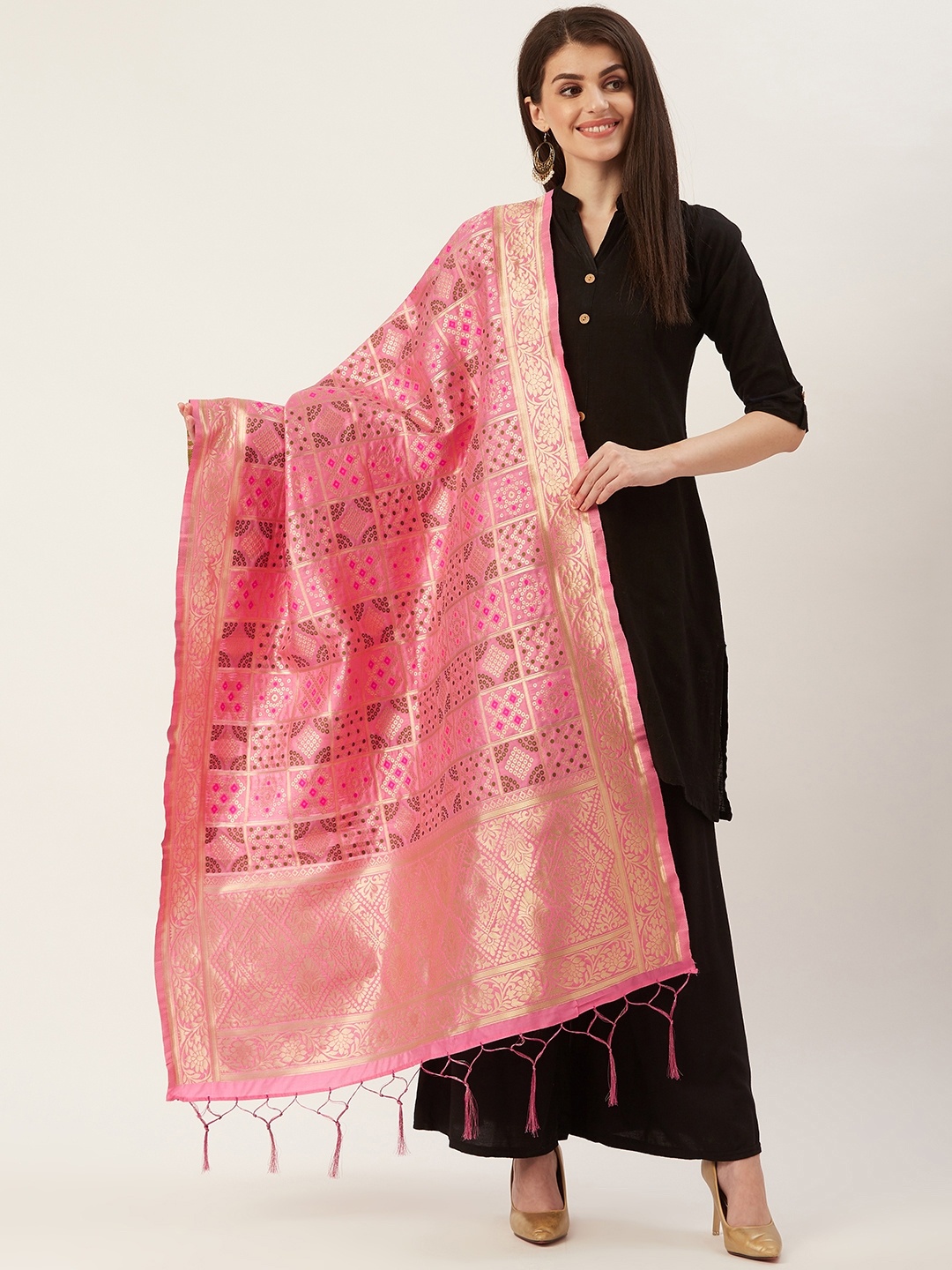 

Shaily Pink & Golden Zari Woven Design Dupatta