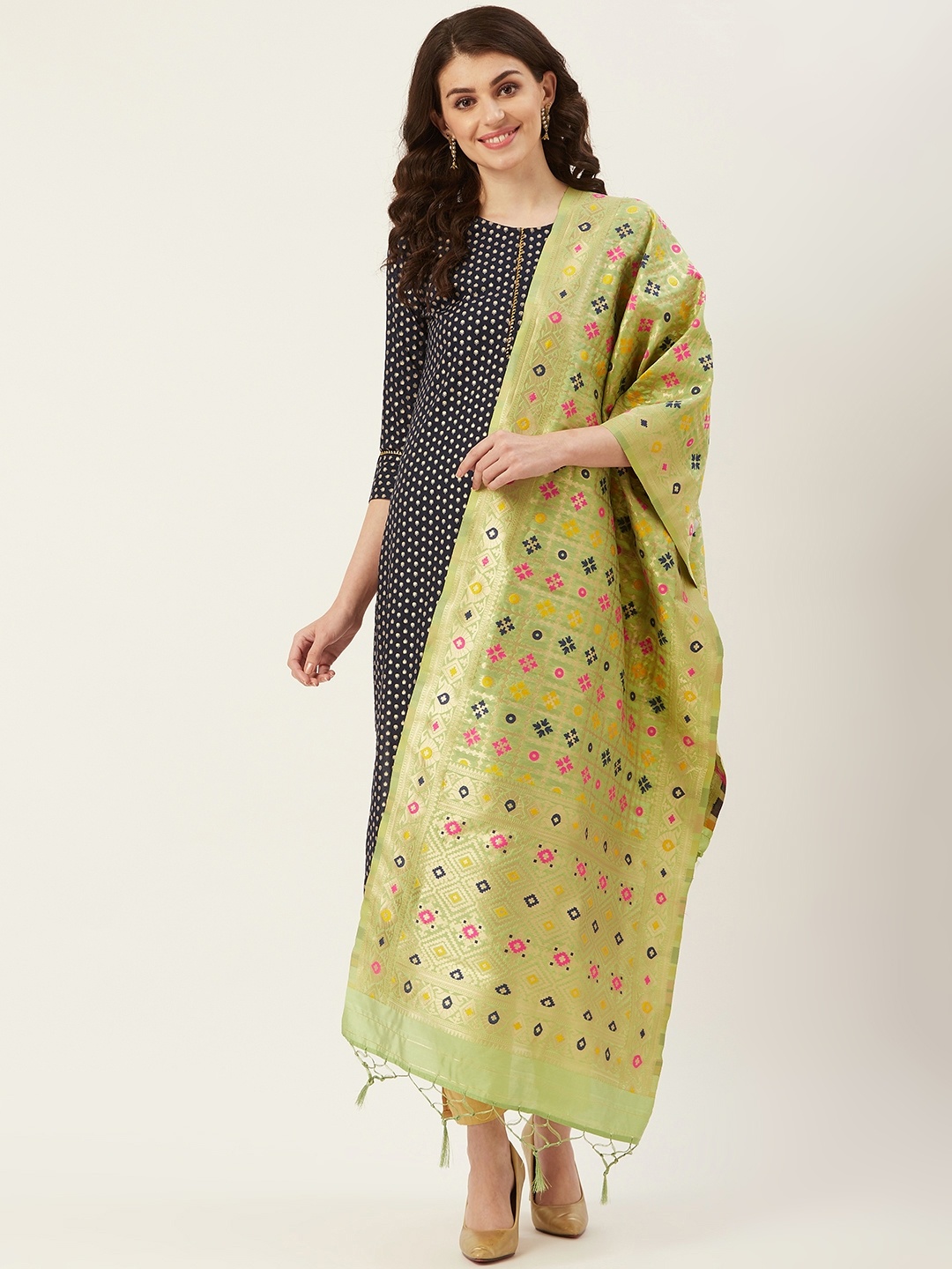 

Shaily Lime Green & Golden Zari Woven Design Dupatta