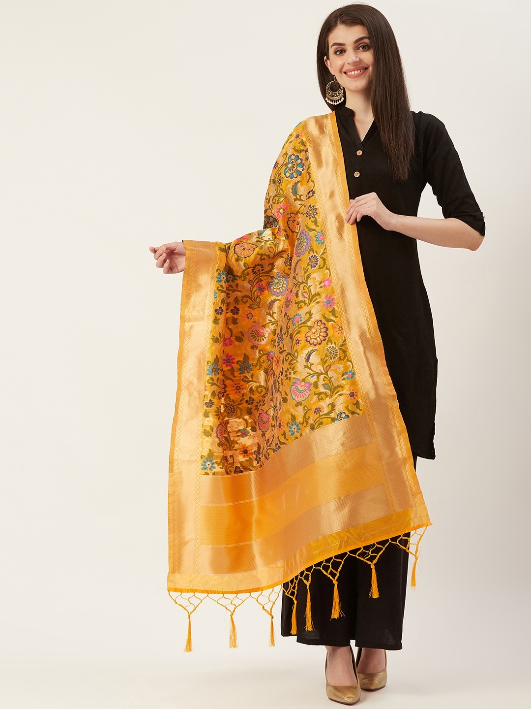 

Shaily Mustard Yellow & Olive Green Zari Woven Design Dupatta