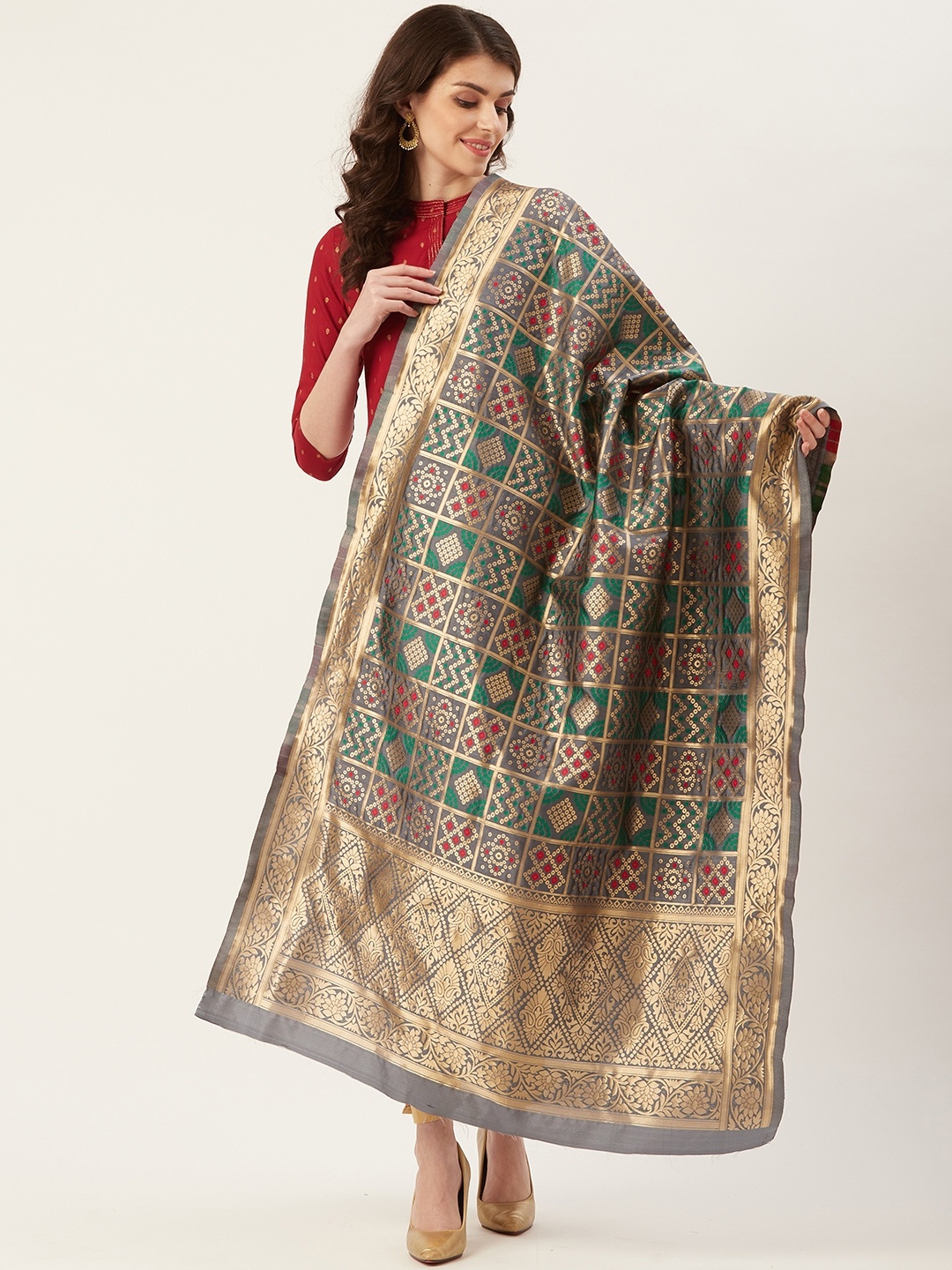 

Shaily Green & Golden Zari Woven Design Dupatta