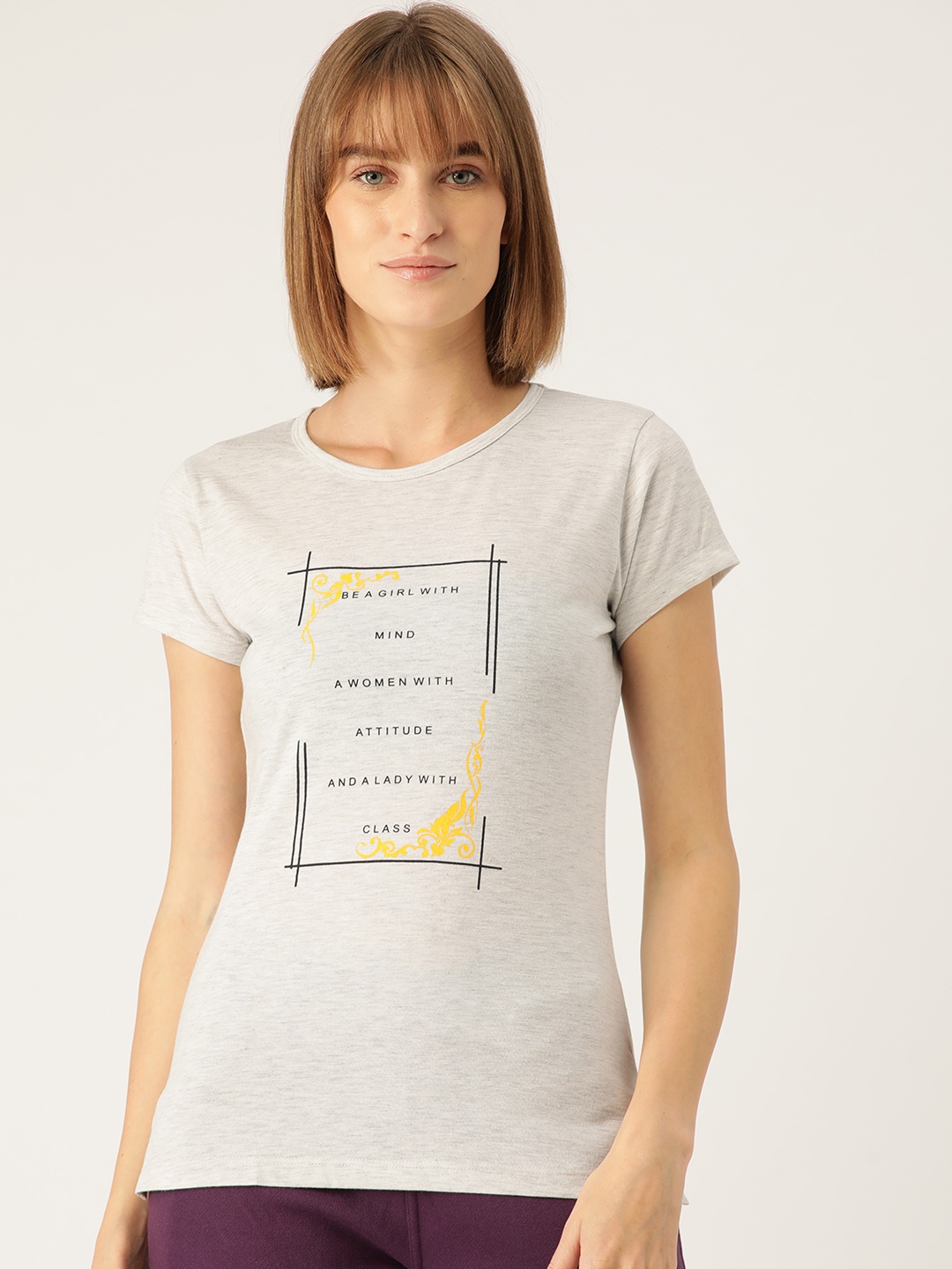 

Sweet Dreams Women Grey Melange & Black Typography Printed Lounge T-shirt