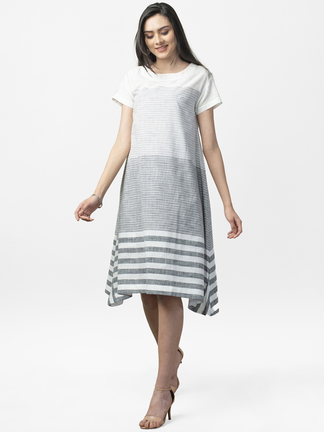 

Fabindia Women White & Grey Striped A-Line Dress