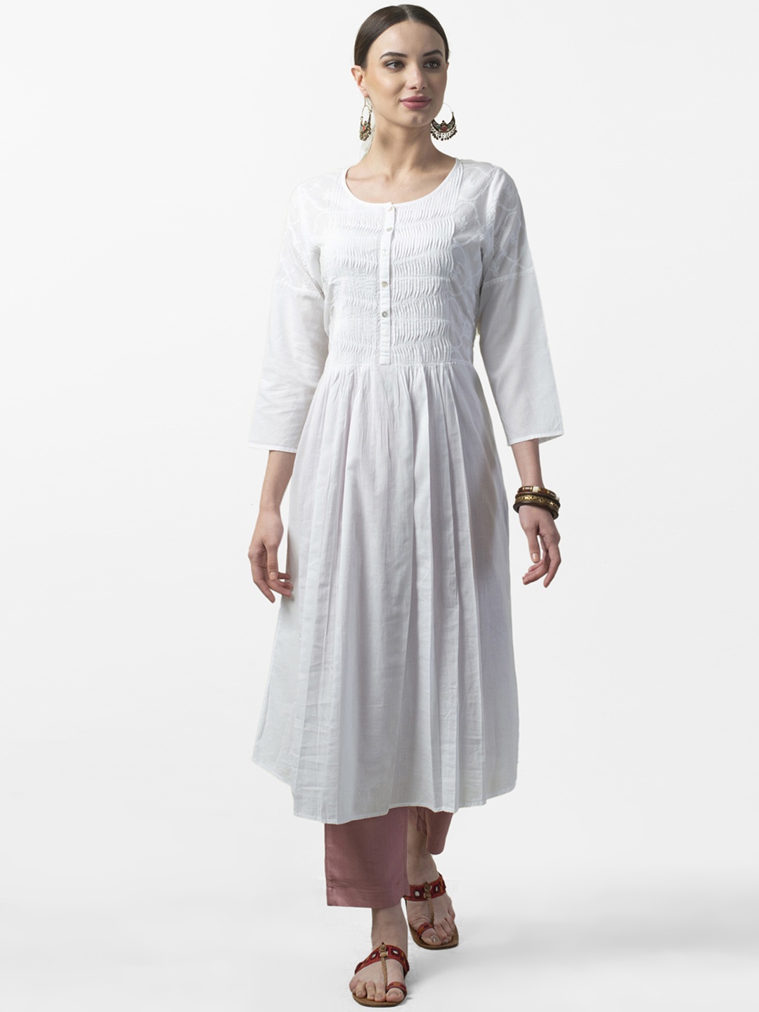 

Fabindia Women White Slim Fit Chikankari Embroidered Detail A-Line Kurta
