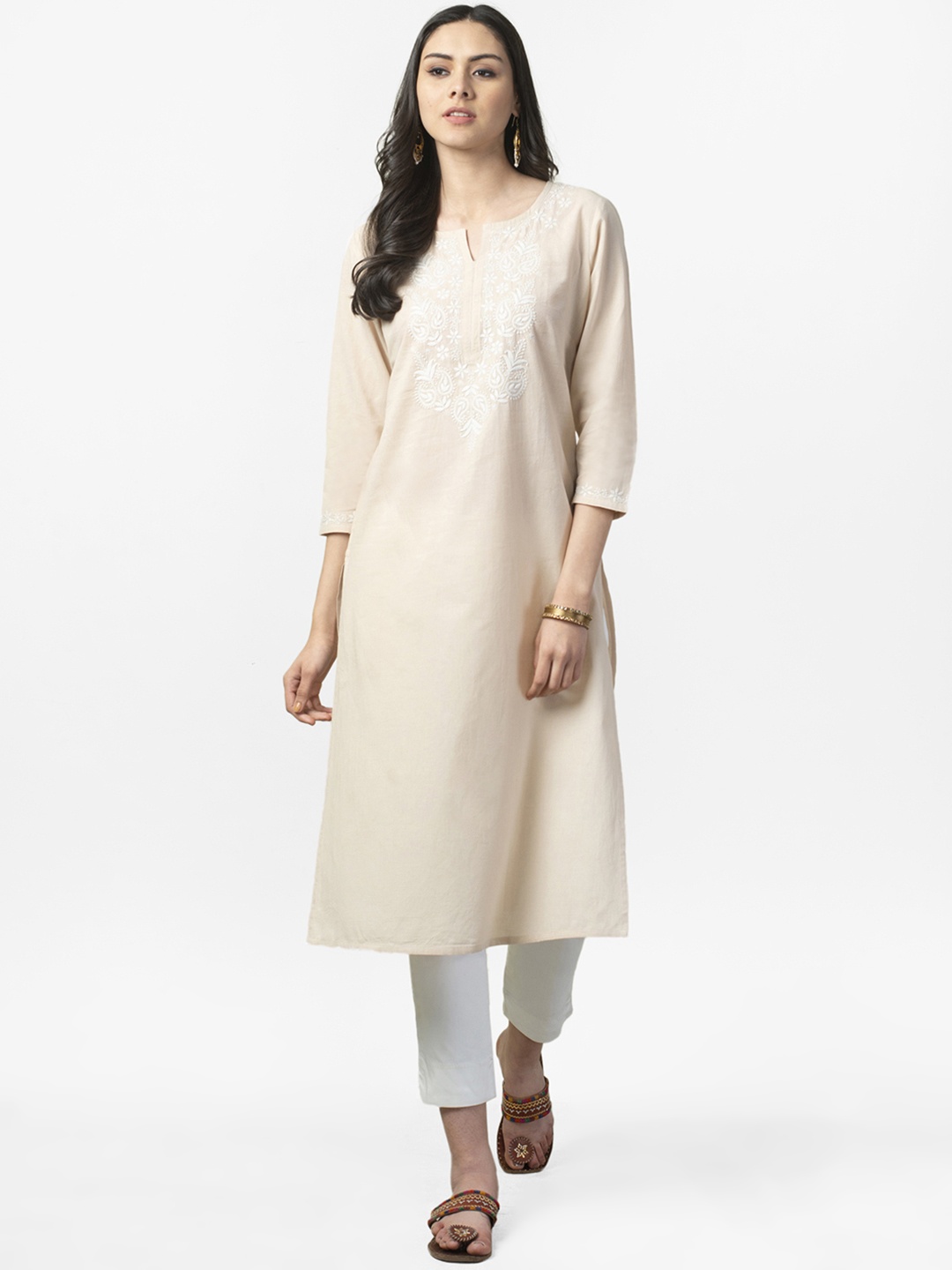 

Fabindia Women Beige & Off-White Chikankari Yoke Design Straight Kurta