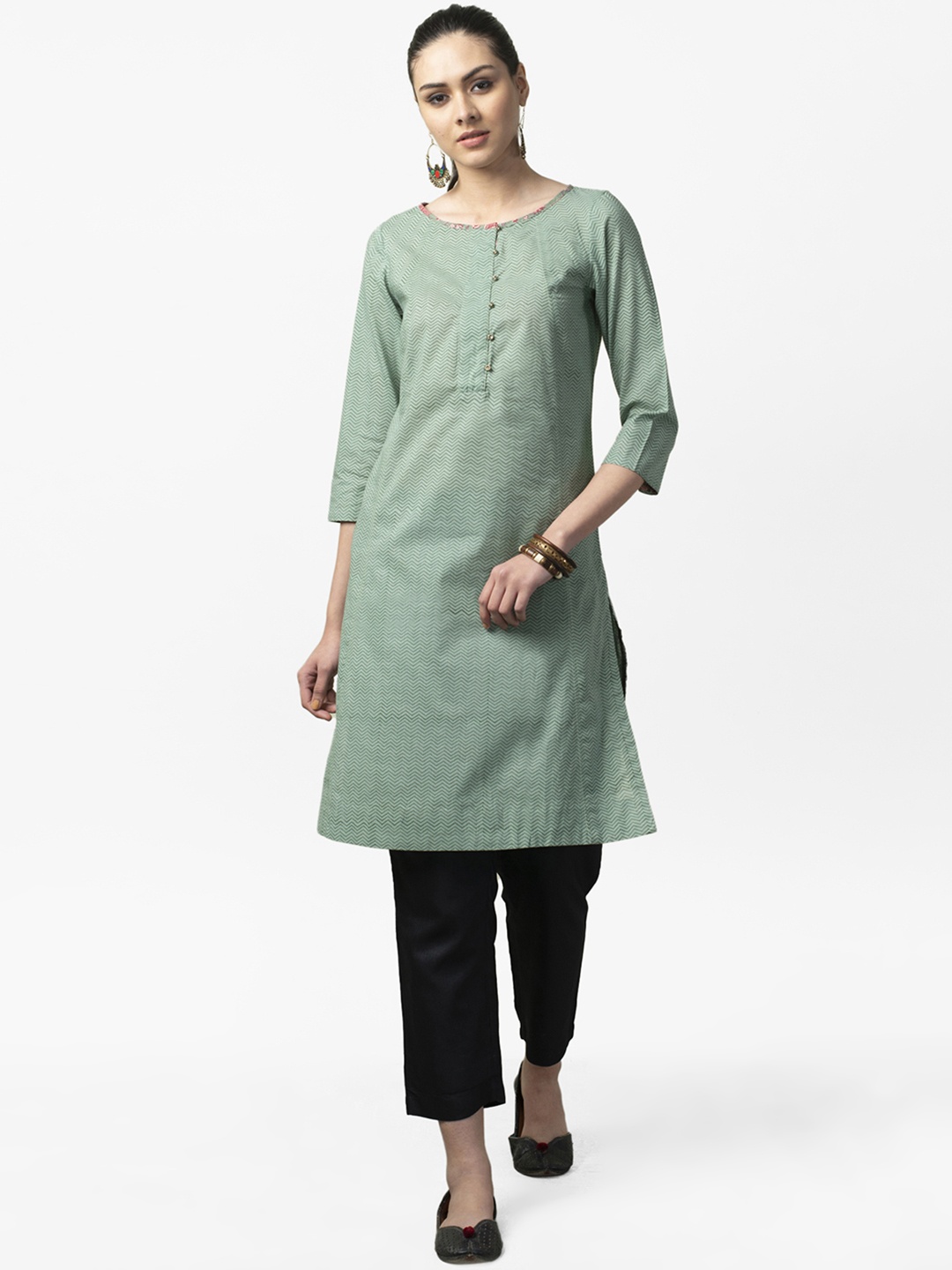 

Fabindia Women Green Hand Block Print A-Line Kurta