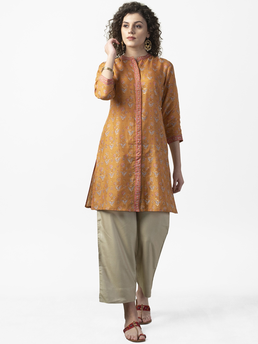 

Fabindia Women Mustard & Pink Handblock Printed A-Line Kurta