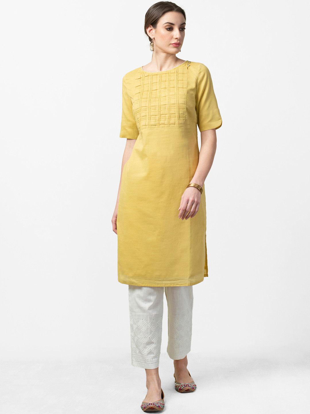 

Fabindia Women Yellow Yoke Design Straight Kurta