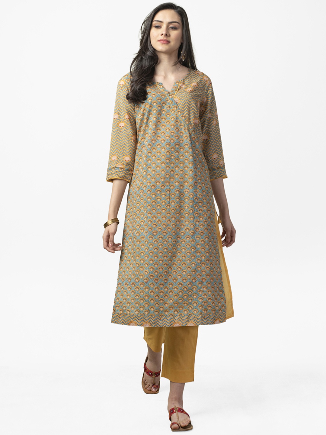 

Fabindia Women Blue & Mustard Yellow Handblock Printed Kurta with Trousers