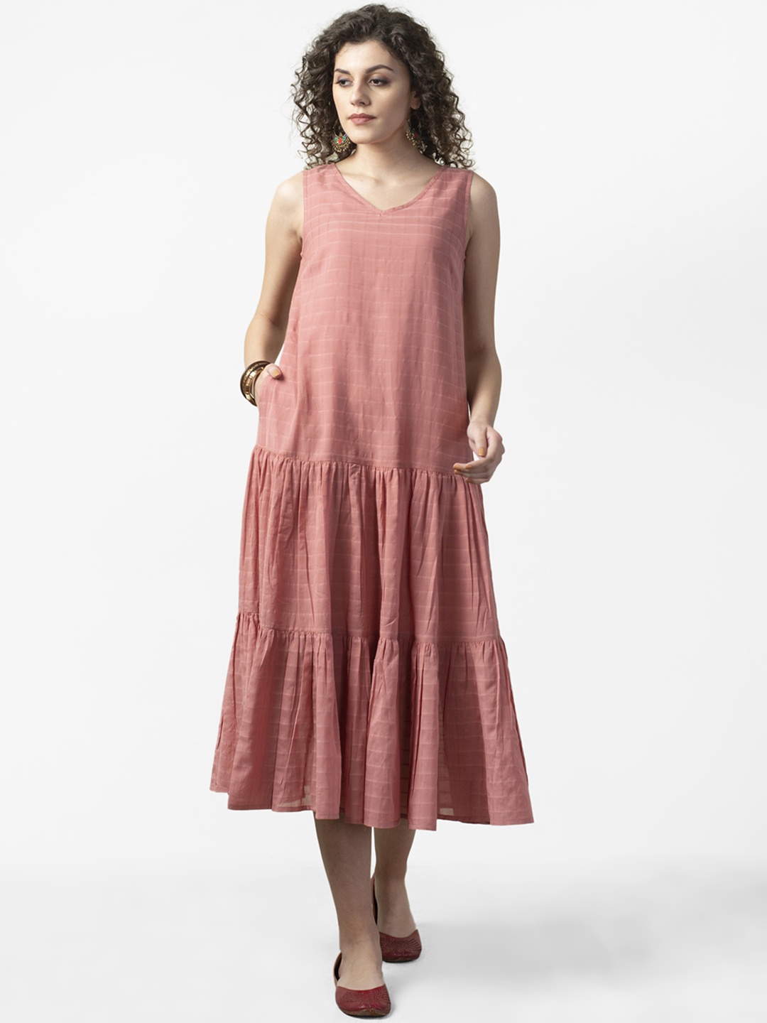 

Fabindia Women Dusty Pink Self-Checked Tiered A-Line Dress