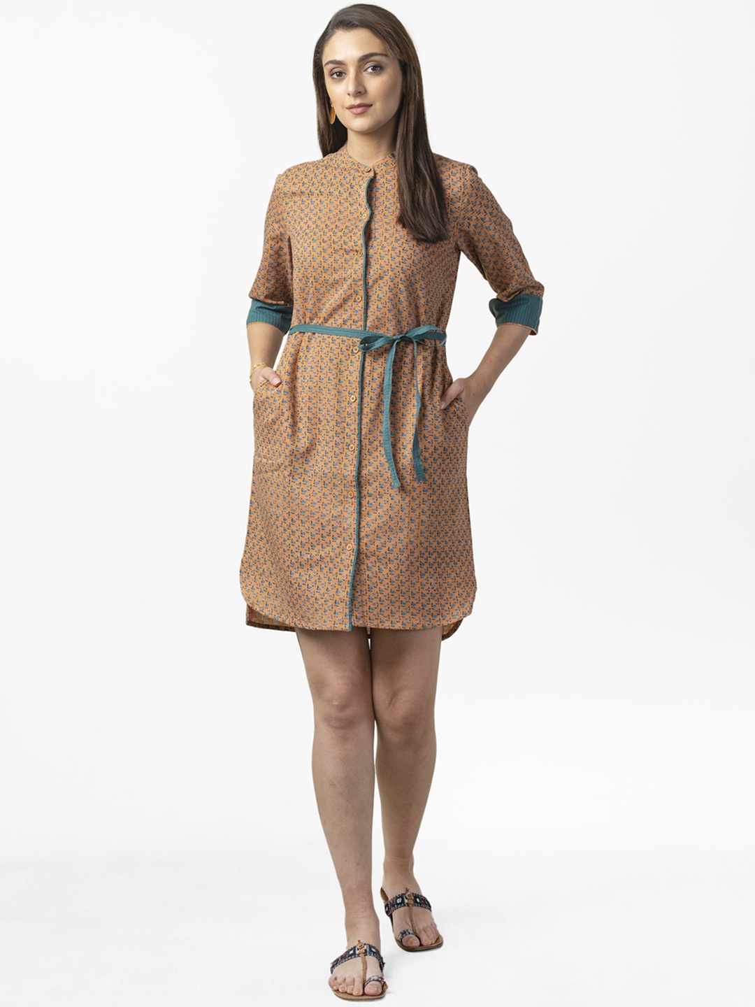 

Fabindia Women Brown & Blue Handwoven Block Print Shirt Dress