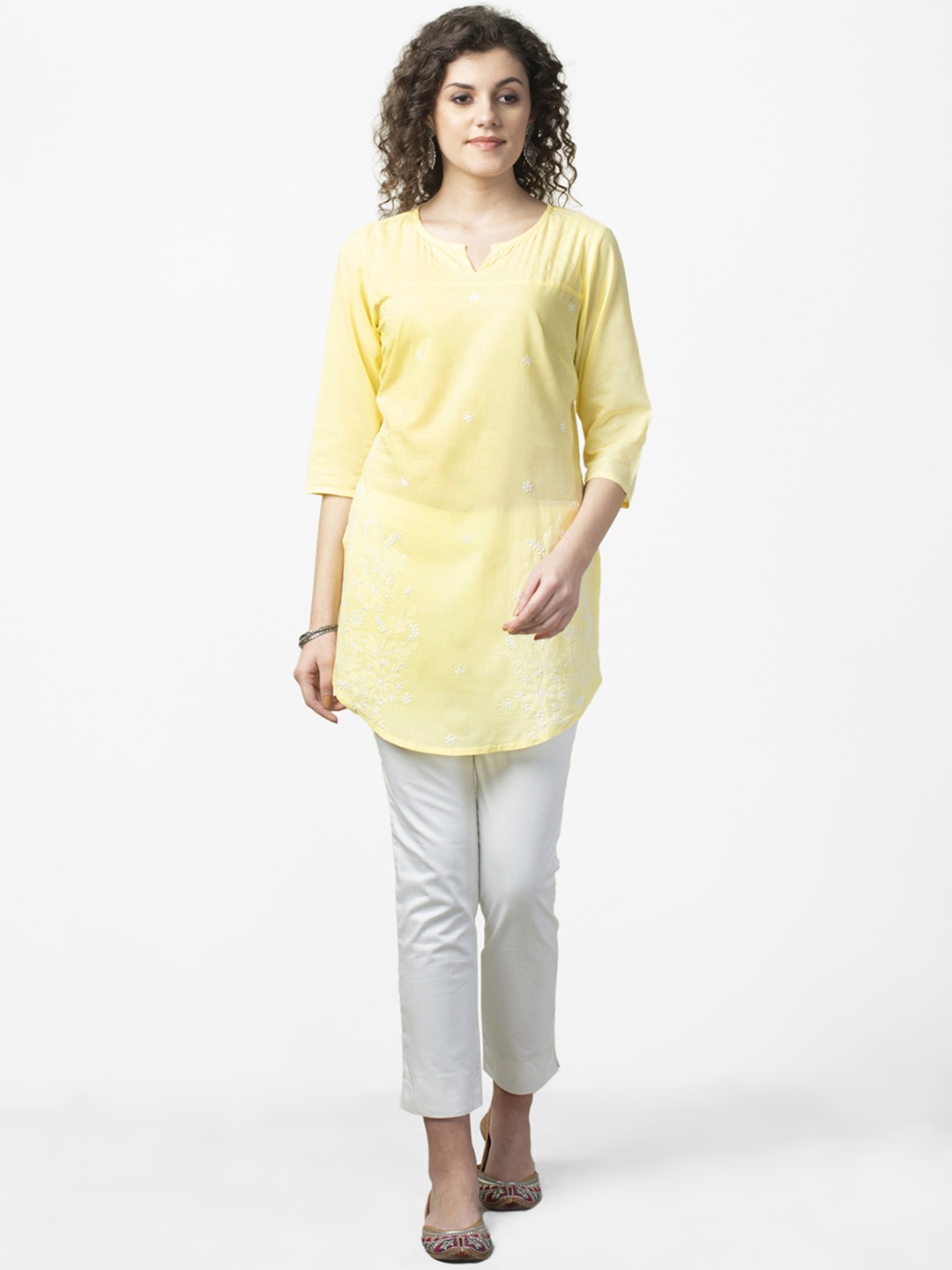 

Fabindia Women Yellow & White Chikankari Embroidered Semi Sheer Tunic