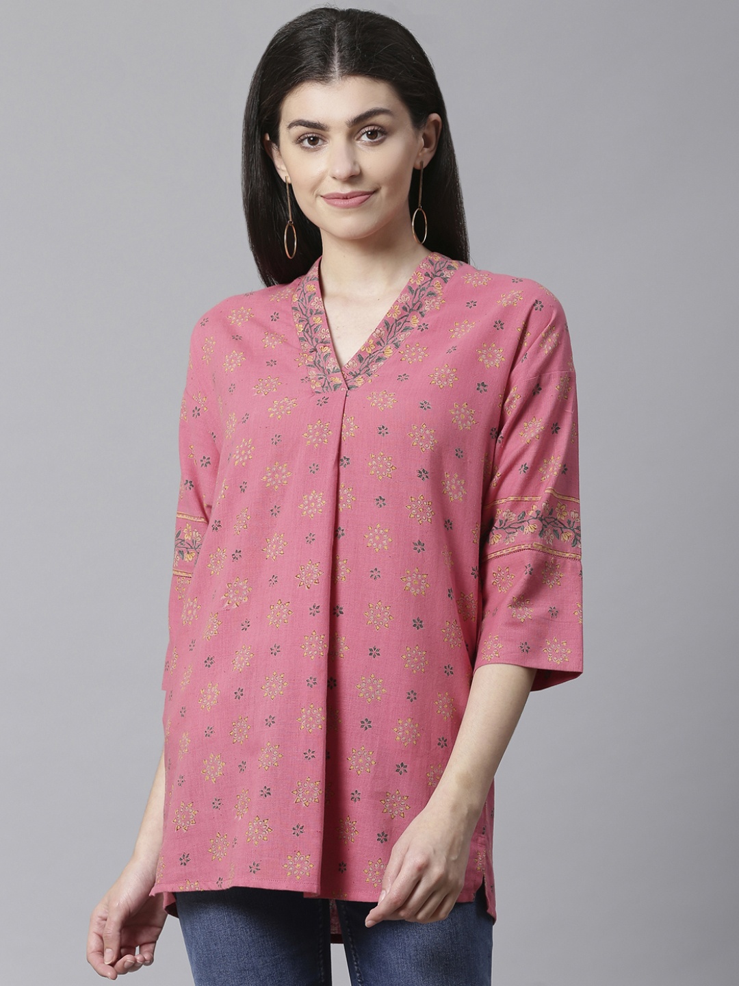 

Fabindia Women's Pink & Mustard Yellow Printed Tunic