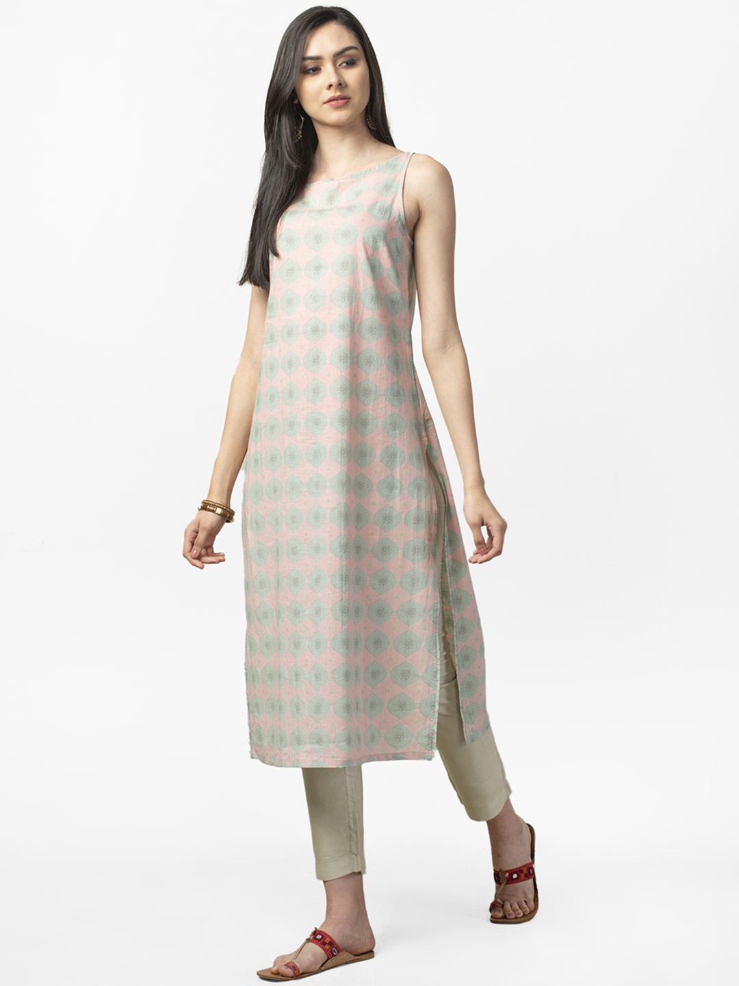 

Fabindia Women Pink & Green Printed Straight Kurta
