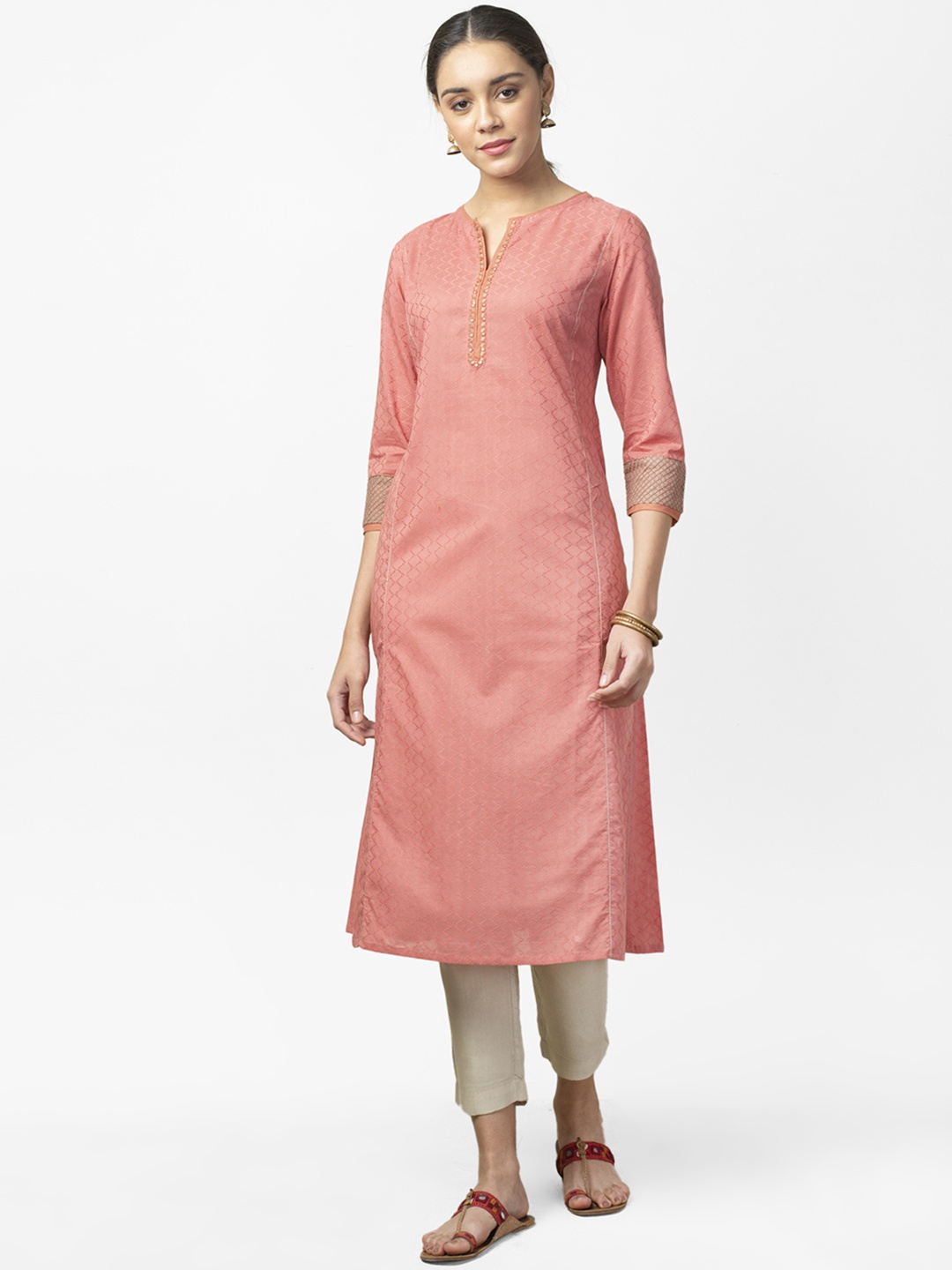 

Fabindia Women Peach-Coloured Dobby Woven Design A-Line Kurta