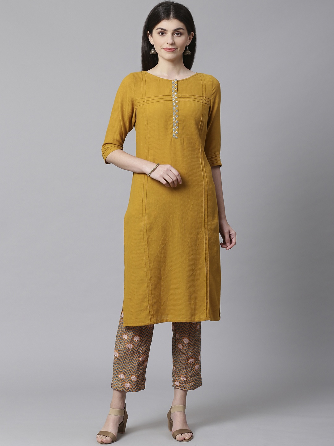 

Fabindia Women Mustard Yellow & Blue Dobby Self Design Kurta with Trousers