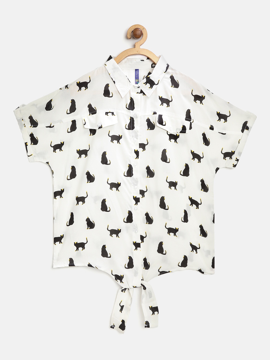 

YK Girls White & Black Regular Fit Cat Print Top with Waist Tie-Up