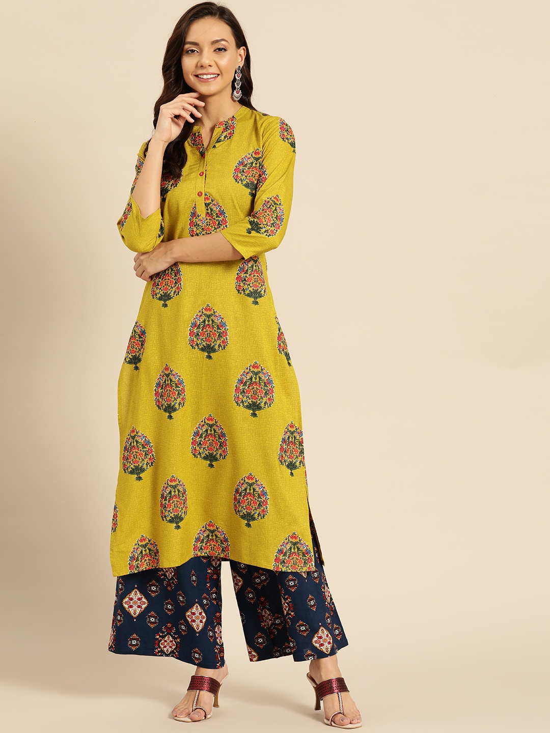

RANGMAYEE Women Mustard Yellow & Pink Printed Straight Kurta
