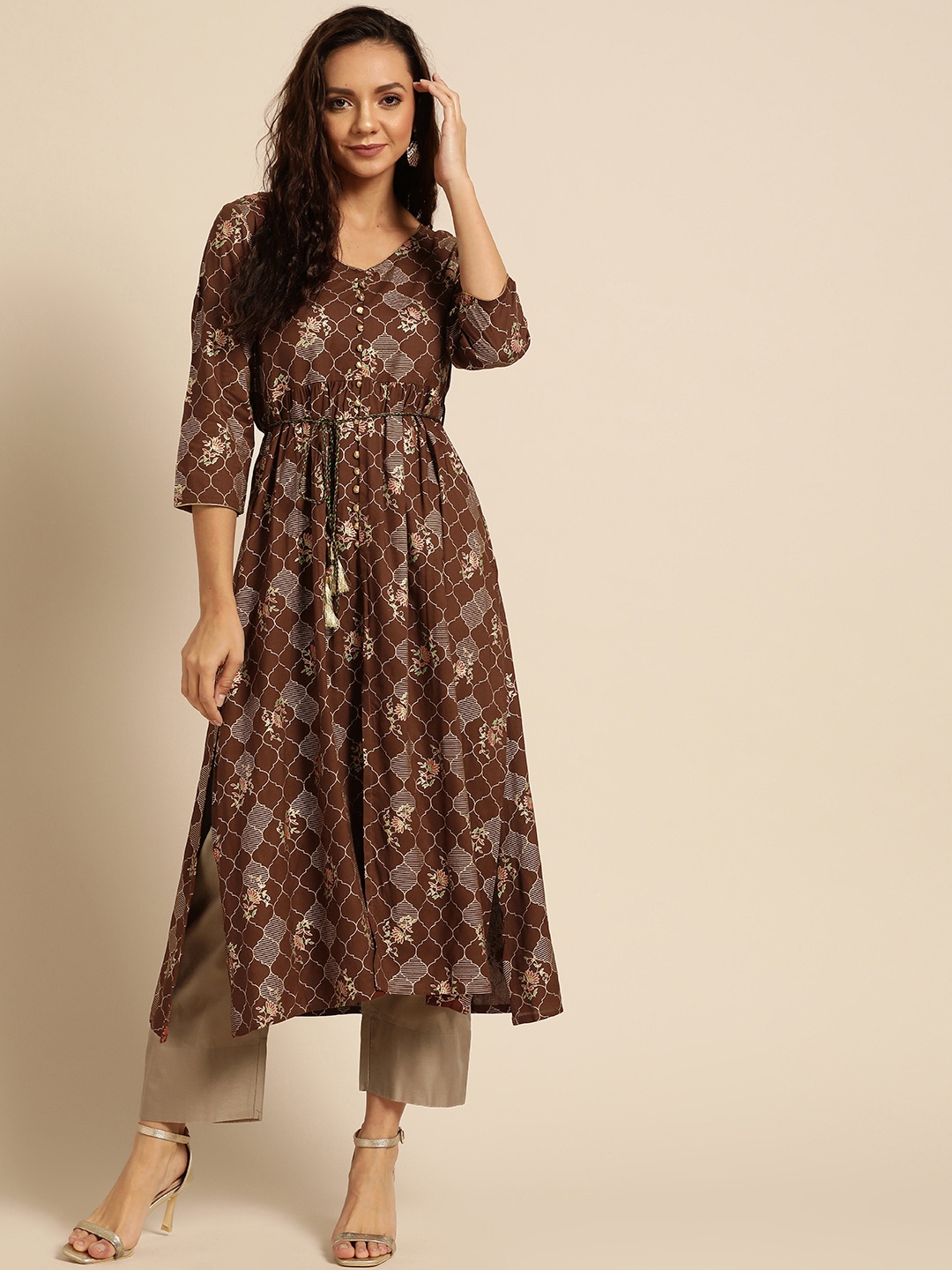 

RANGMAYEE Women Coffee Brown & Golden Printed A-Line Kurta With Belt