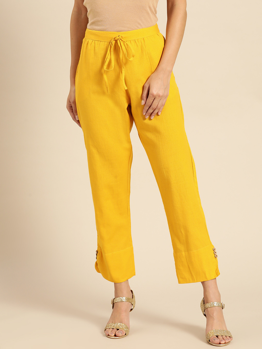 

RANGMAYEE Women Mustard Yellow Regular Fit Easy Wash Solid Regular Trousers