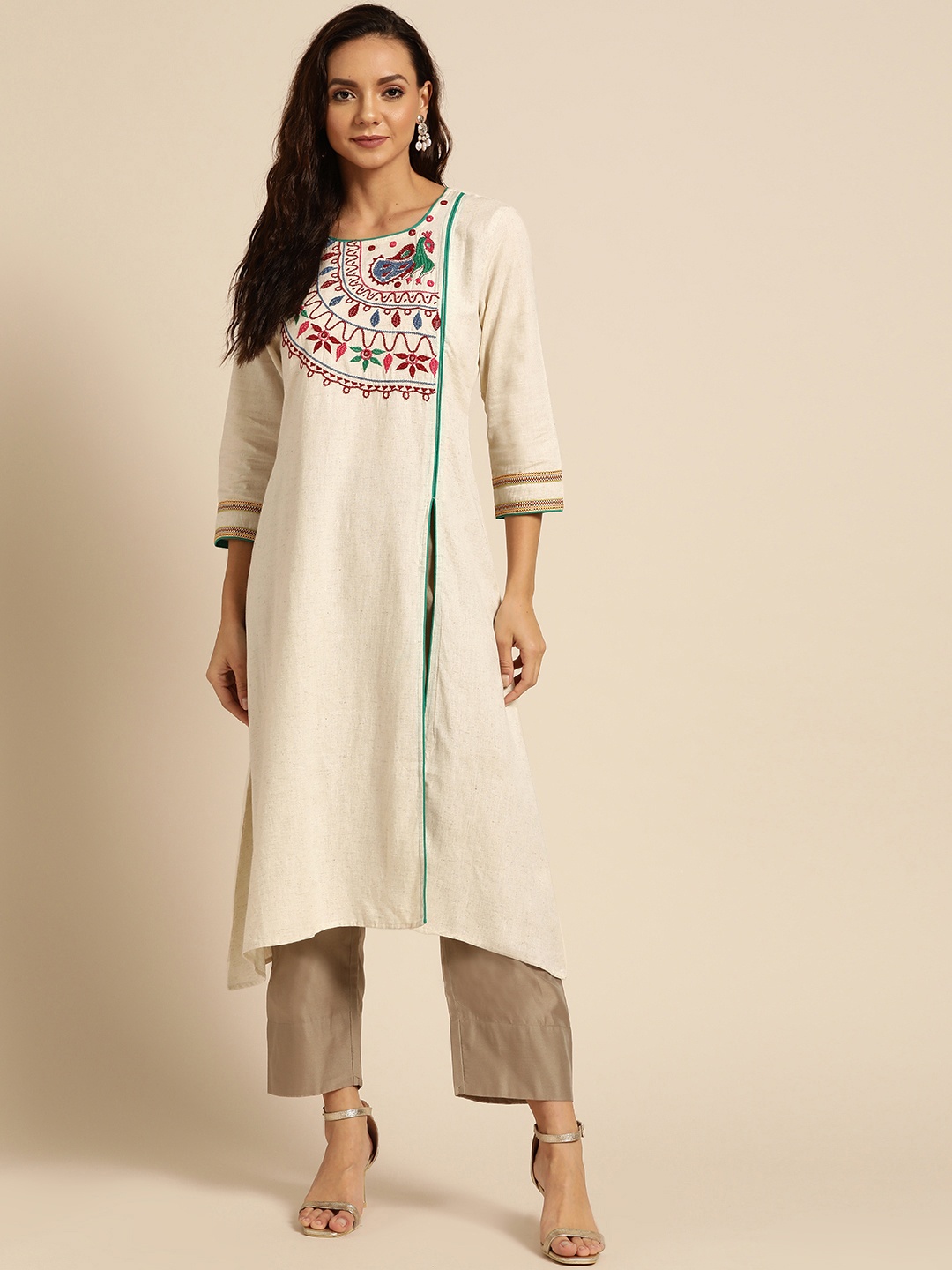 

RANGMAYEE Women Beige & Maroon Yoke Design High-Slit A-Line Kurta