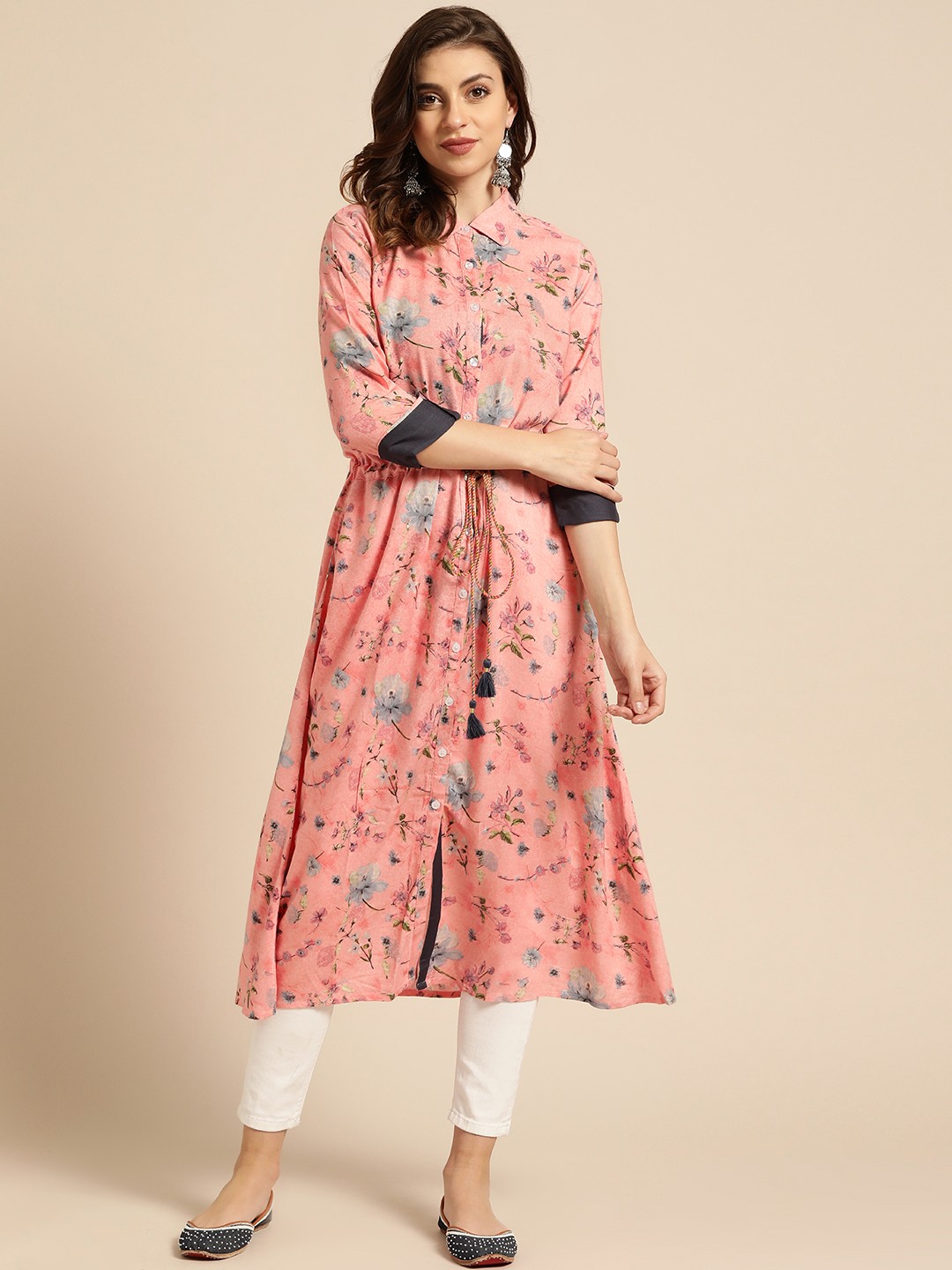 

RANGMAYEE Women Pink & Grey Floral Printed A-Line Kurta
