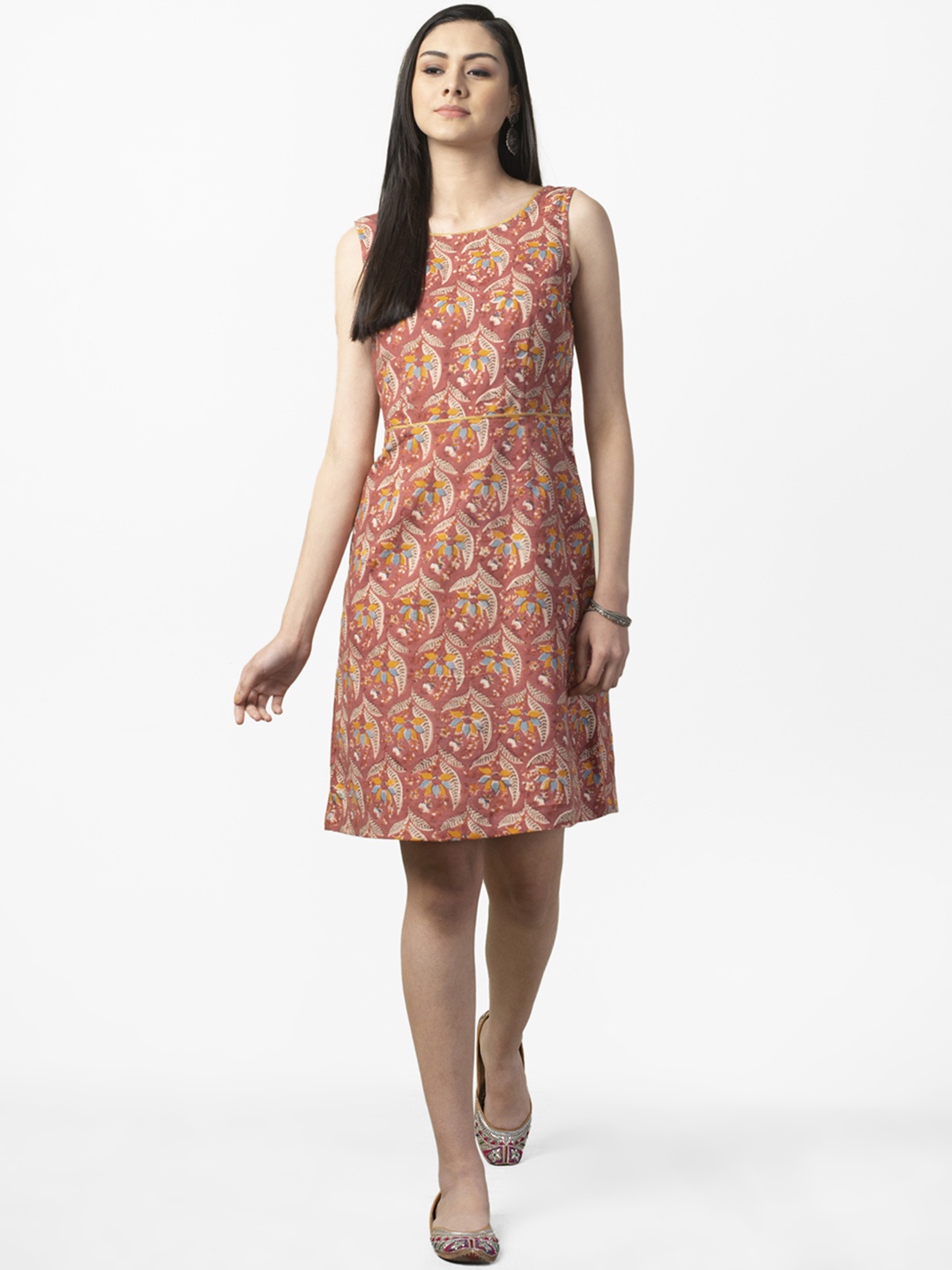 

Fabindia Women Pink & Yellow Handwoven Handblock Printed A-Line Dress