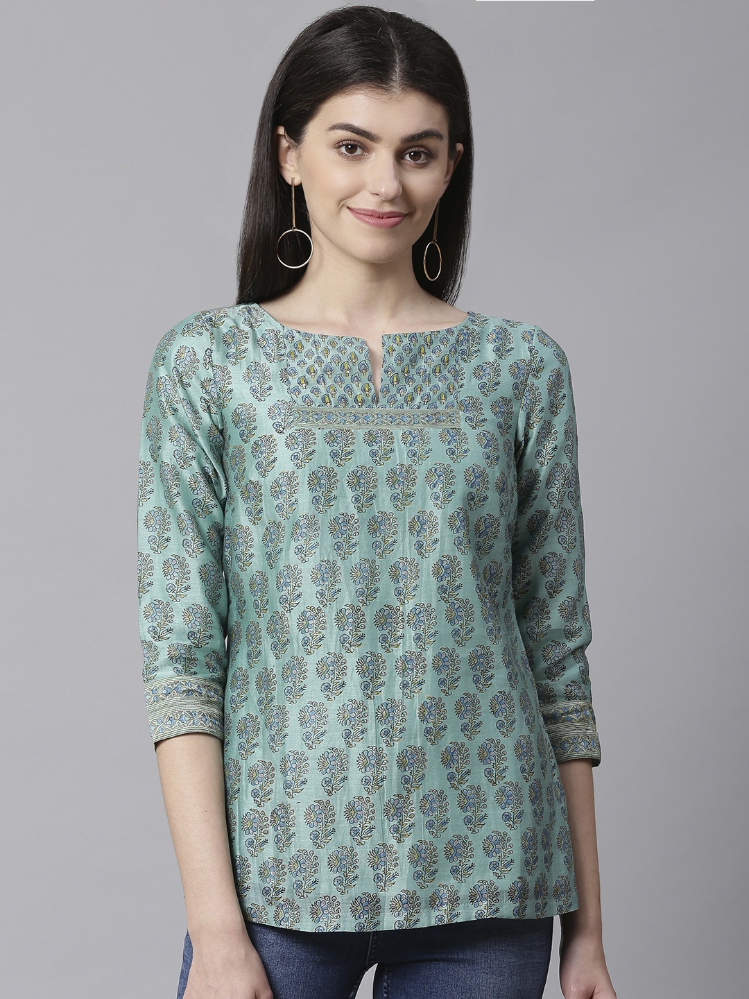 

Fabindia Women Sea Green & Yellow Printed Kurti