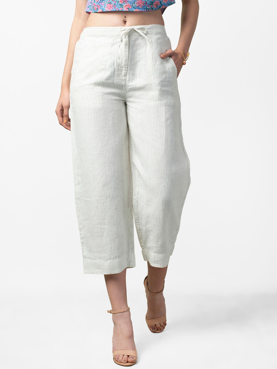 

Fabindia Women Off-White & Grey Linen Straight Fit Striped Parallel Trousers