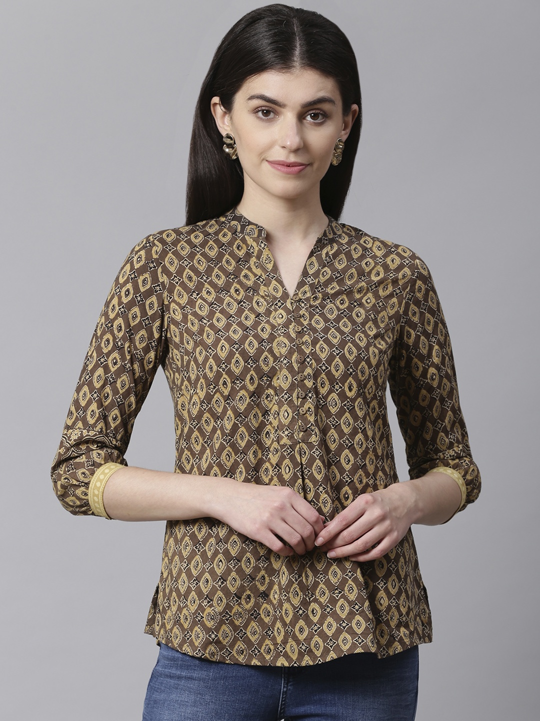 

Fabindia Women Brown & Yellow Ajrakh Print Pure Cotton Kurti, Beige