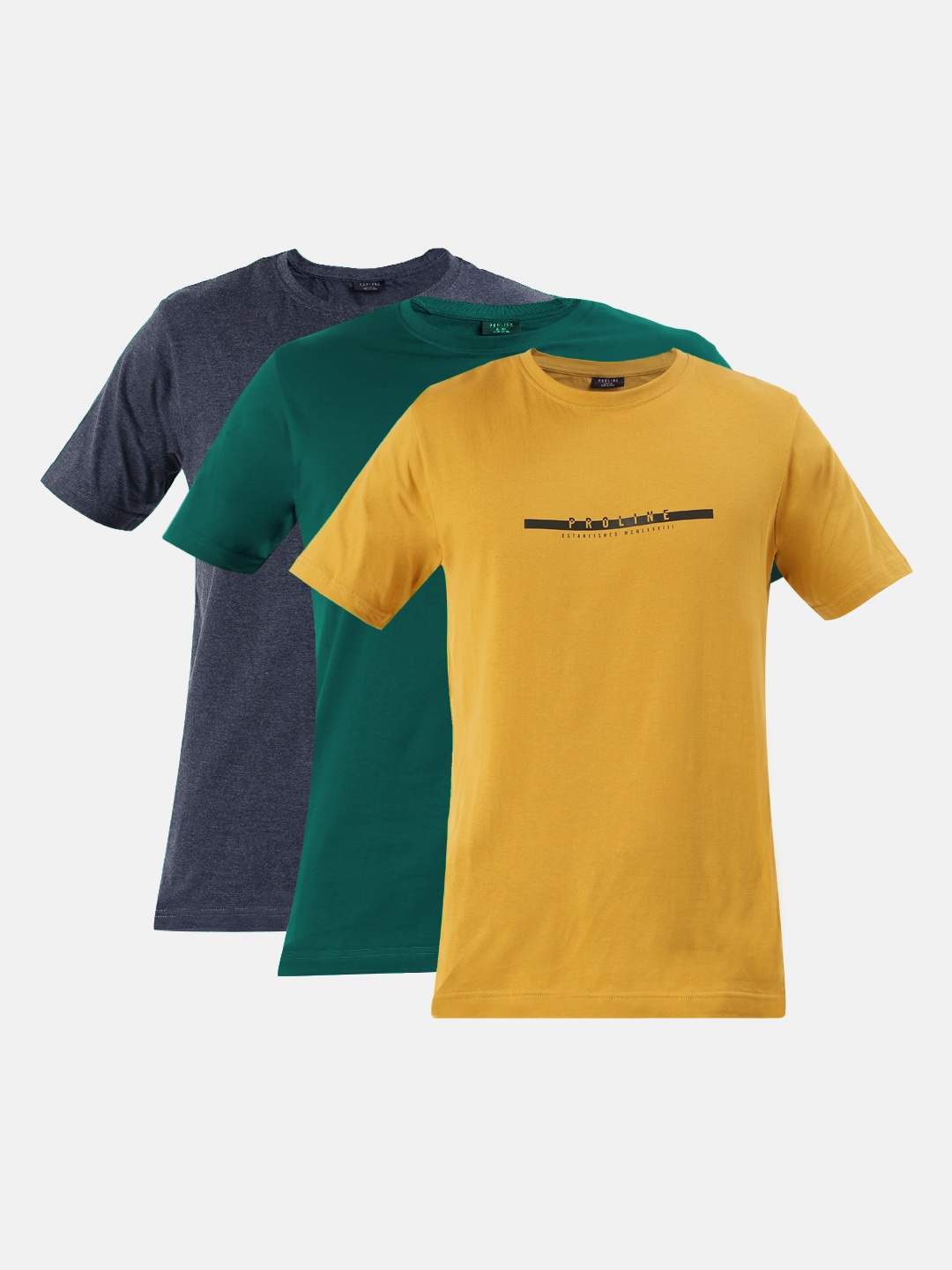 

Proline Active Men Pack of 3 Green & Navy Blue Solid Round Neck T-shirts