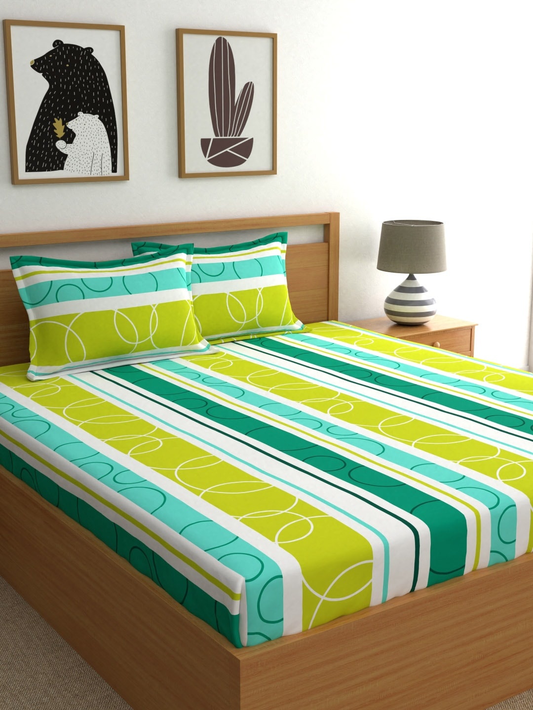 

Home Ecstasy Green & White Striped 140 TC Cotton 1 Queen Bedsheet with 2 Pillow Covers