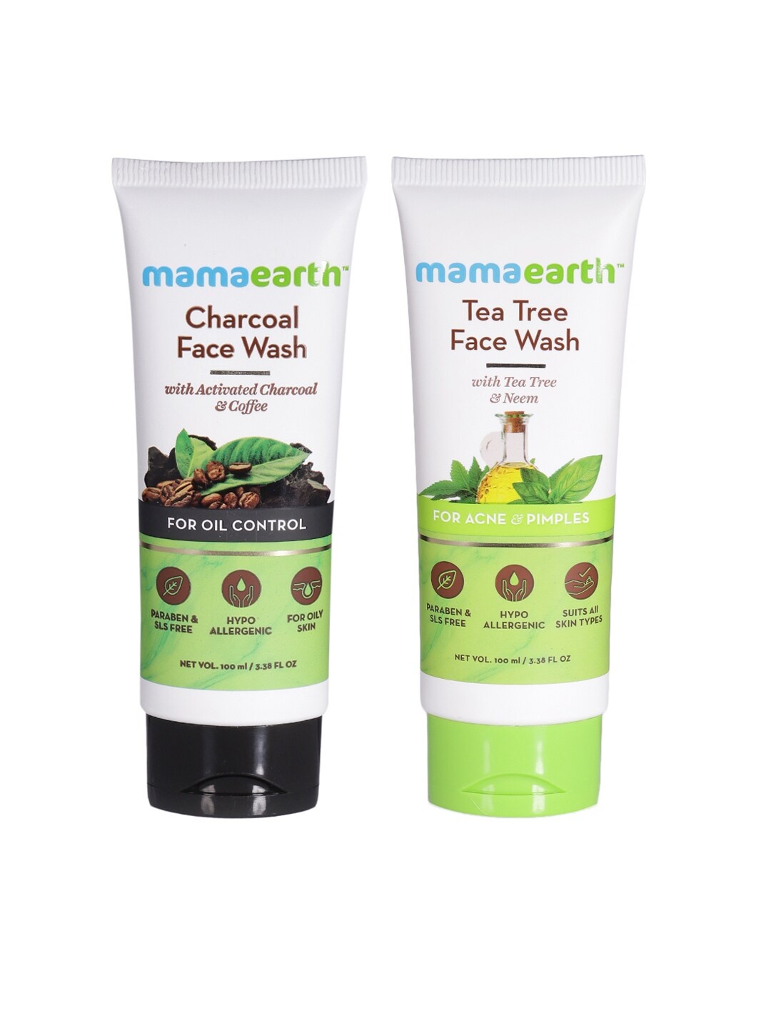 Mamaearth Unisex Set of 2 Tea Tree Face Wash and Charcoal Face Wash (100 ml + 100 ml), White
