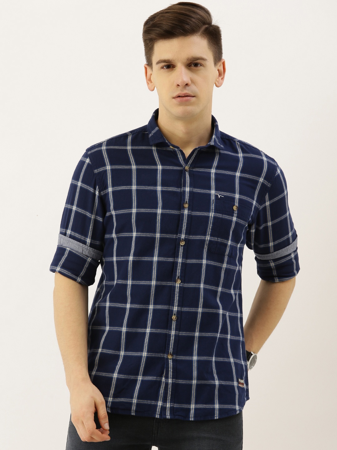 

Flying Machine Men Navy Blue & White Slim Fit Checked Casual Shirt