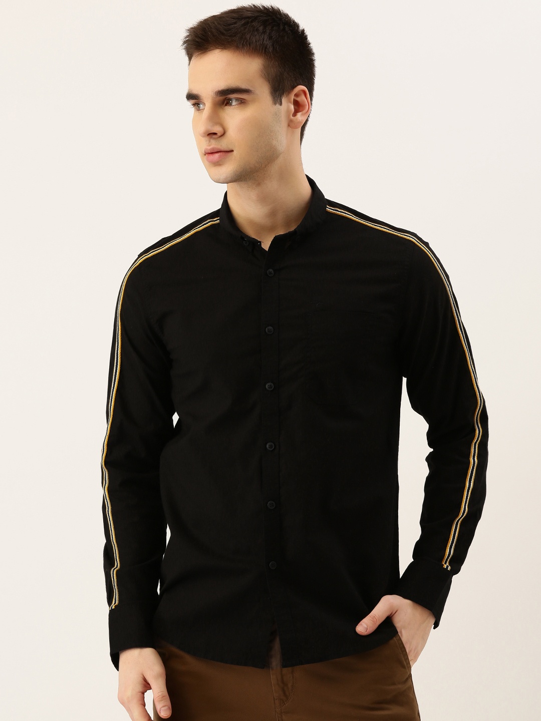 

Flying Machine Men Black Slim Fit Solid Casual Shirt with Striped Detail Sleeves