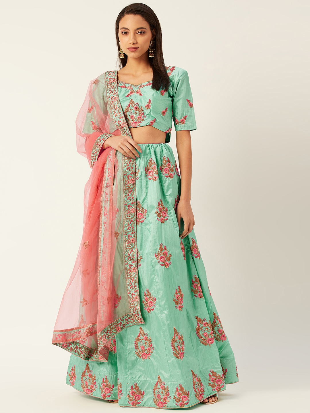 

Shaily Green & Peach-Coloured Embroidered Semi-Stitched Lehenga & Unstitched Blouse with Dupatta