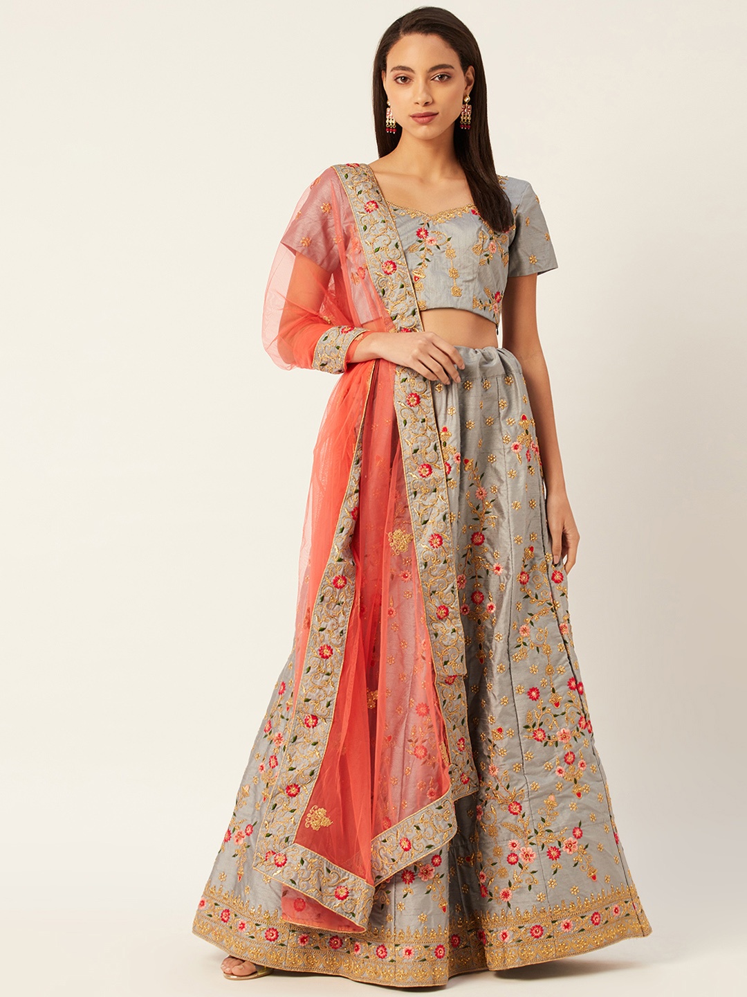 

Shaily Grey & Peach-Coloured Embroidered Semi-Stitched Lehenga & Unstitched Blouse with Dupatta