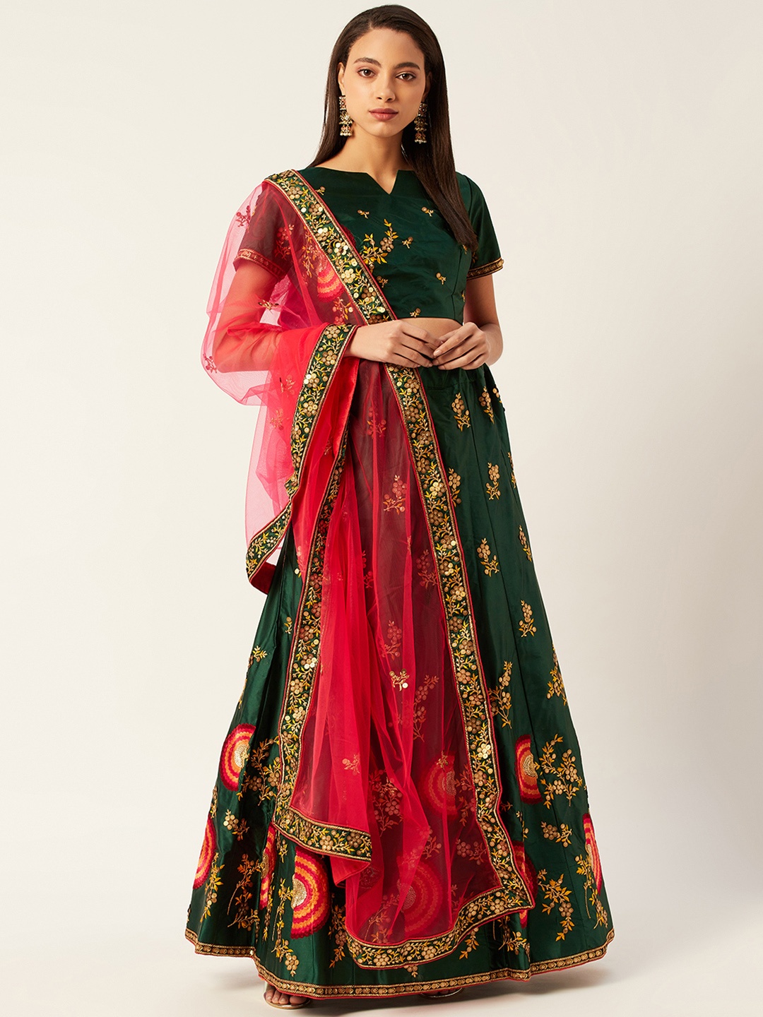 

Shaily Green & Peach-Coloured Embroidered Semi-Stitched Lehenga & Unstitched Blouse with Dupatta