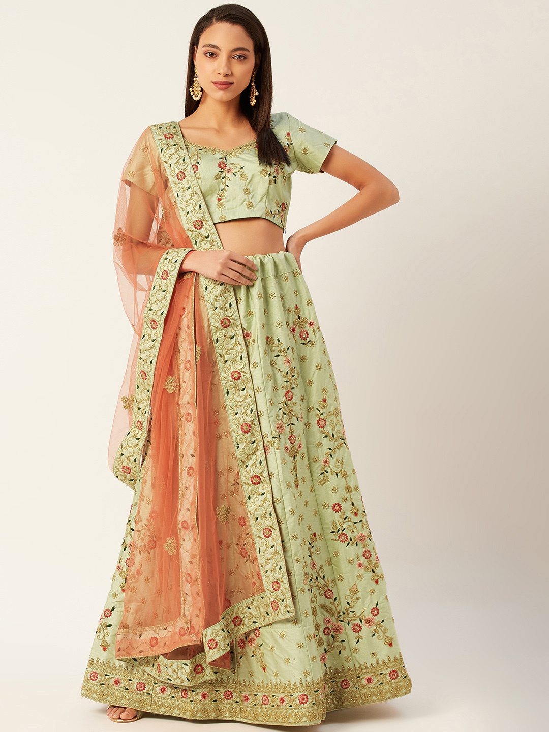 

Shaily Green & Peach-Coloured Embroidered Semi-Stitched Lehenga & Unstitched Blouse with Dupatta