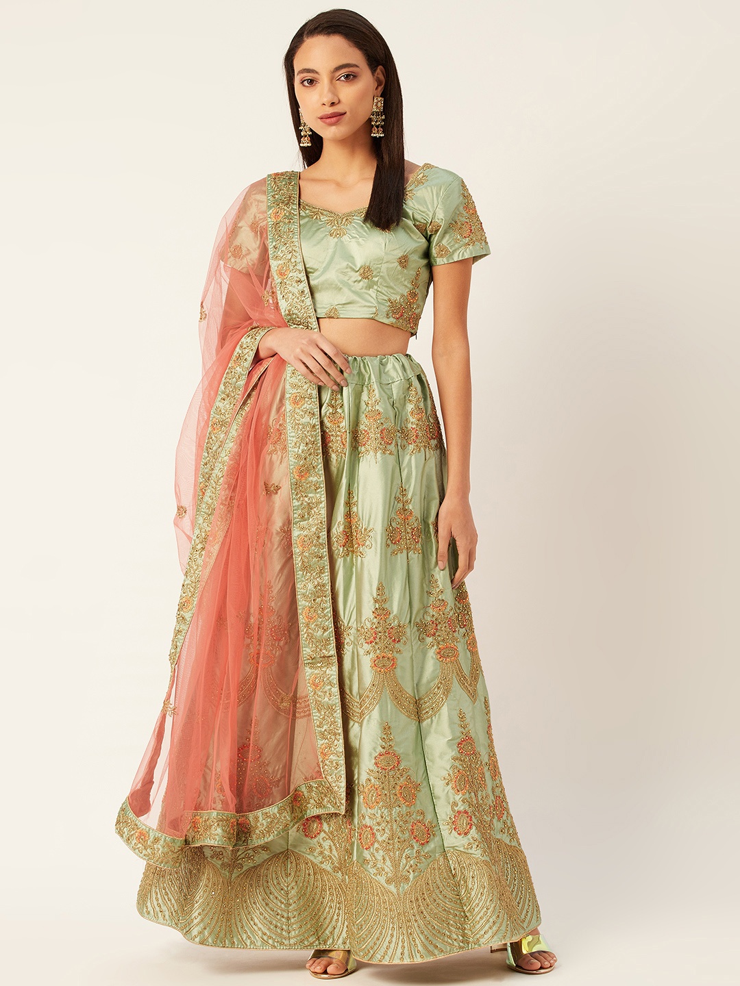 

Shaily Green & Peach-Coloured Embroidered Semi-Stitched Lehenga & Unstitched Blouse with Dupatta