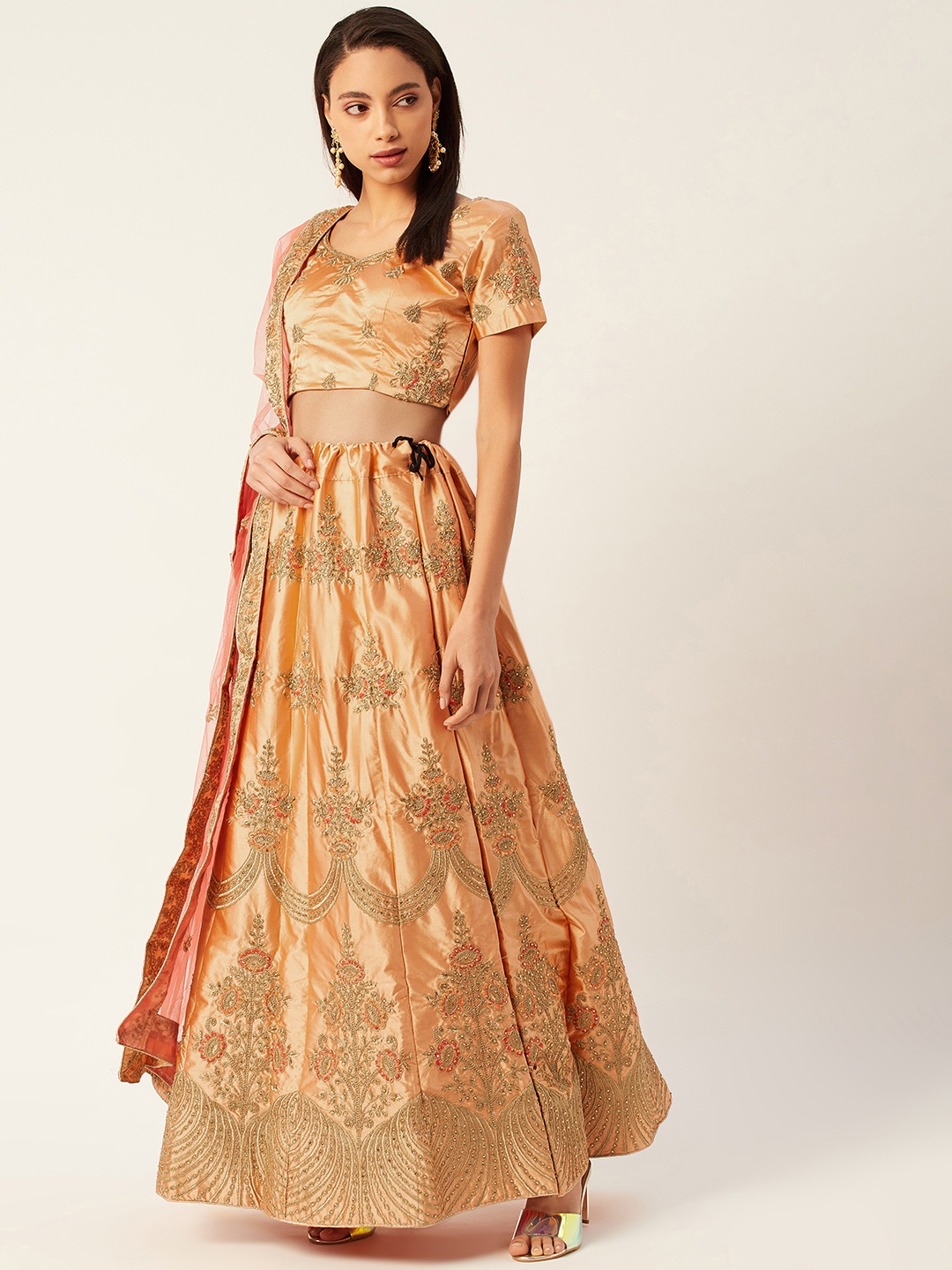 

Shaily Peach-Coloured & Gold-Toned Embroidered Semi-Stitched Lehenga & Unstitched Blouse with Dupatta