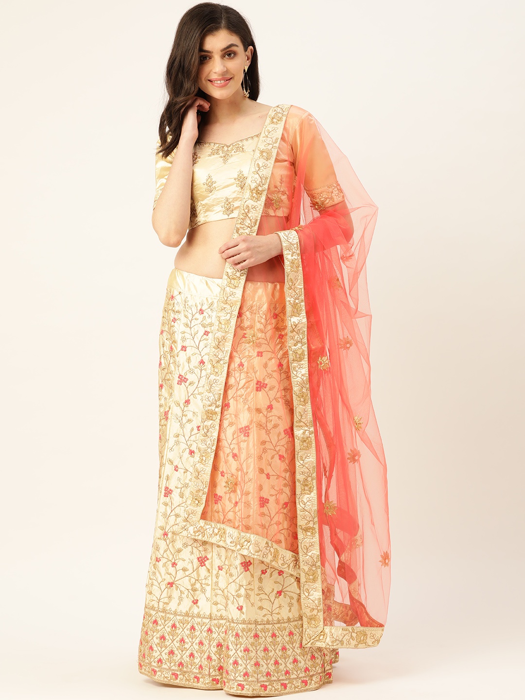 

Shaily Beige & Peach-Coloured Embroidered Semi-Stitched Lehenga & Unstitched Blouse with Dupatta