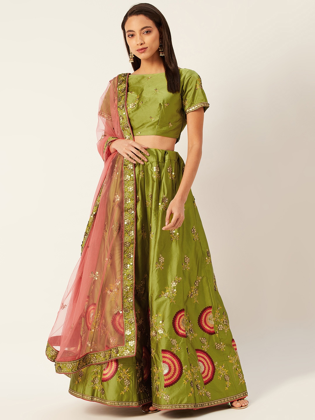 

Shaily Green & Coral Embroidered Semi-Stitched Lehenga & Unstitched Blouse with Dupatta