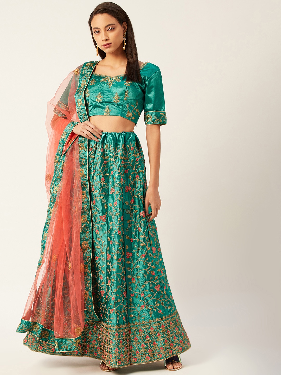 

Shaily Green & Peach-Coloured Embroidered Semi-Stitched Lehenga & Unstitched Blouse with Dupatta