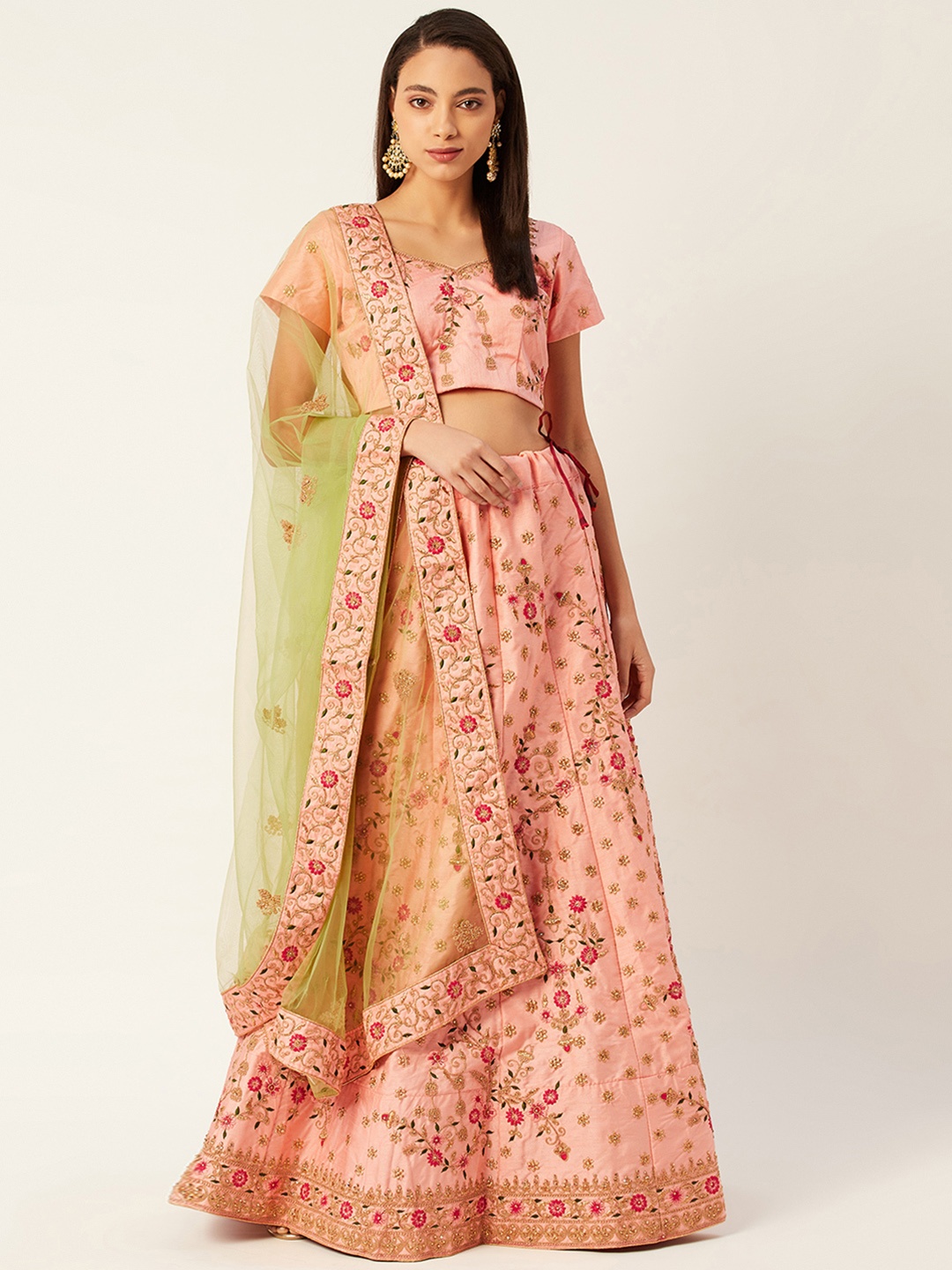 

Shaily Peach-Coloured & Green Embroidered Semi-Stitched Lehenga & Unstitched Blouse with Dupatta