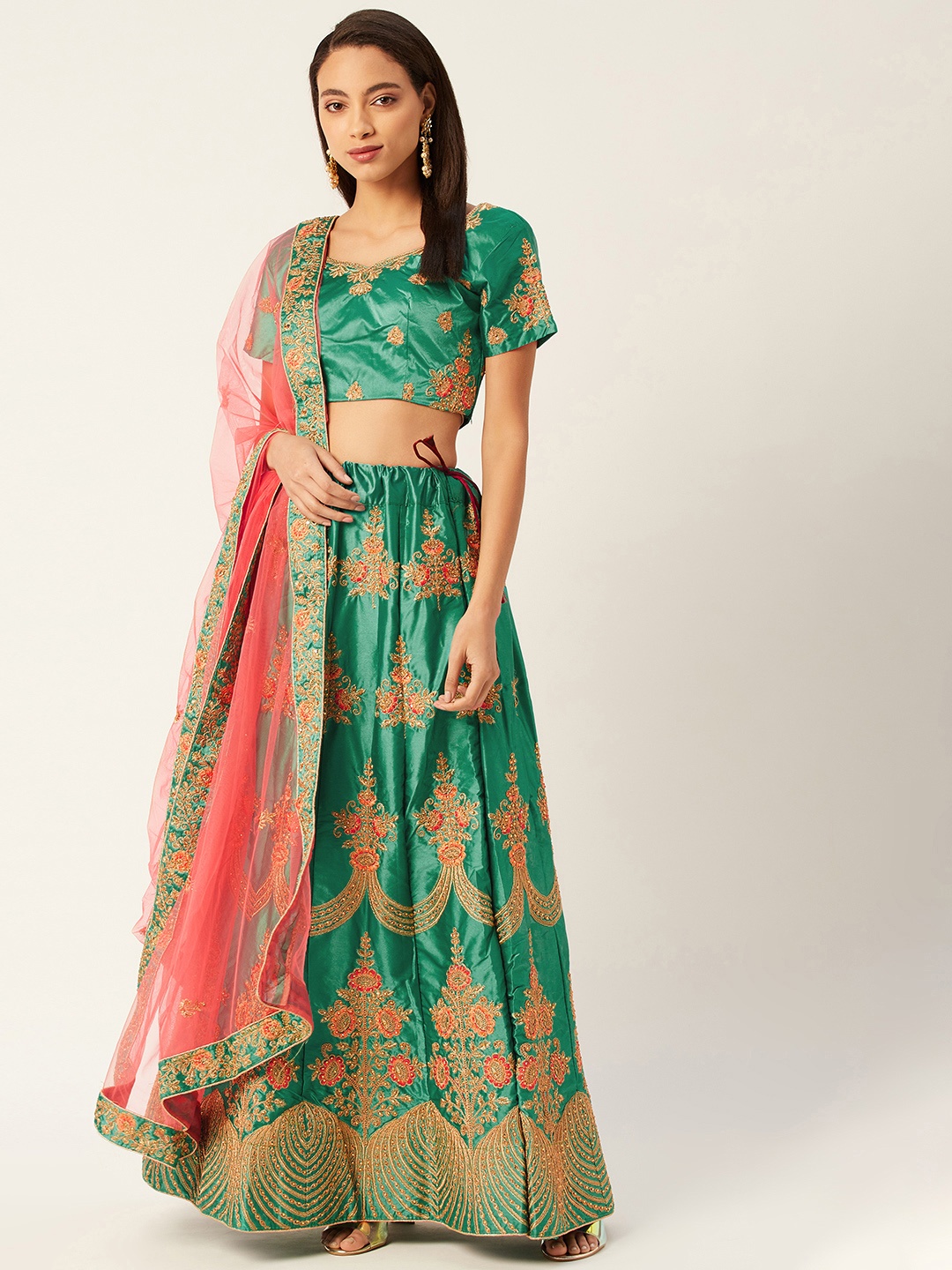 

Shaily Green & Peach-Coloured Embroidered Semi-Stitched Lehenga & Unstitched Blouse with Dupatta