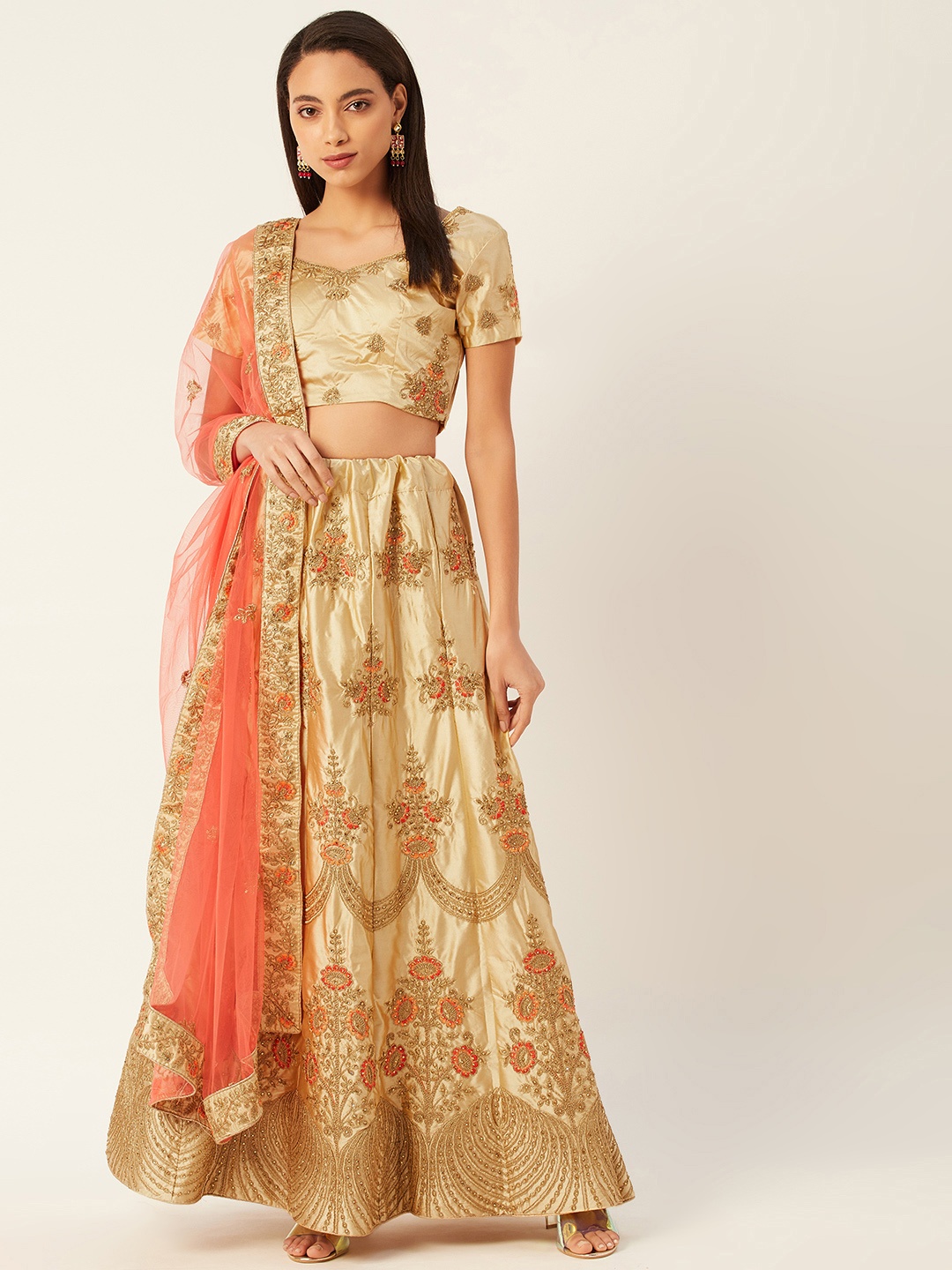 

Shaily Beige & Peach-Coloured Embroidered Semi-Stitched Lehenga & Unstitched Blouse with Dupatta