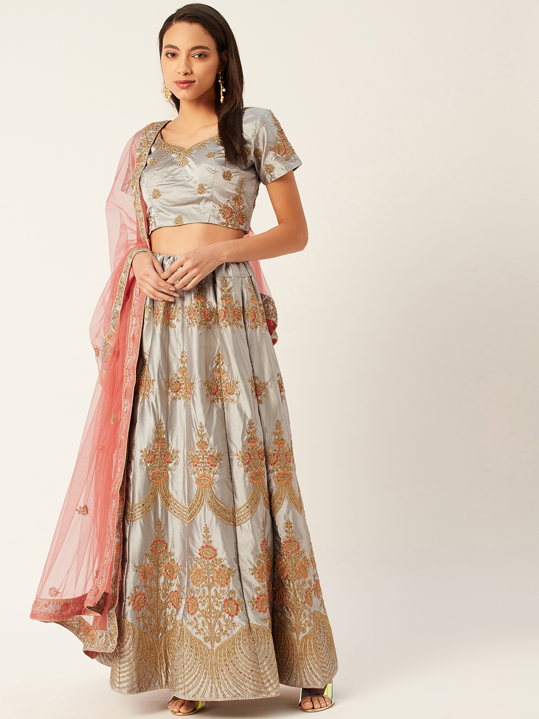 

Shaily Grey & Peach-Coloured Embroidered Semi-Stitched Lehenga & Unstitched Blouse with Dupatta