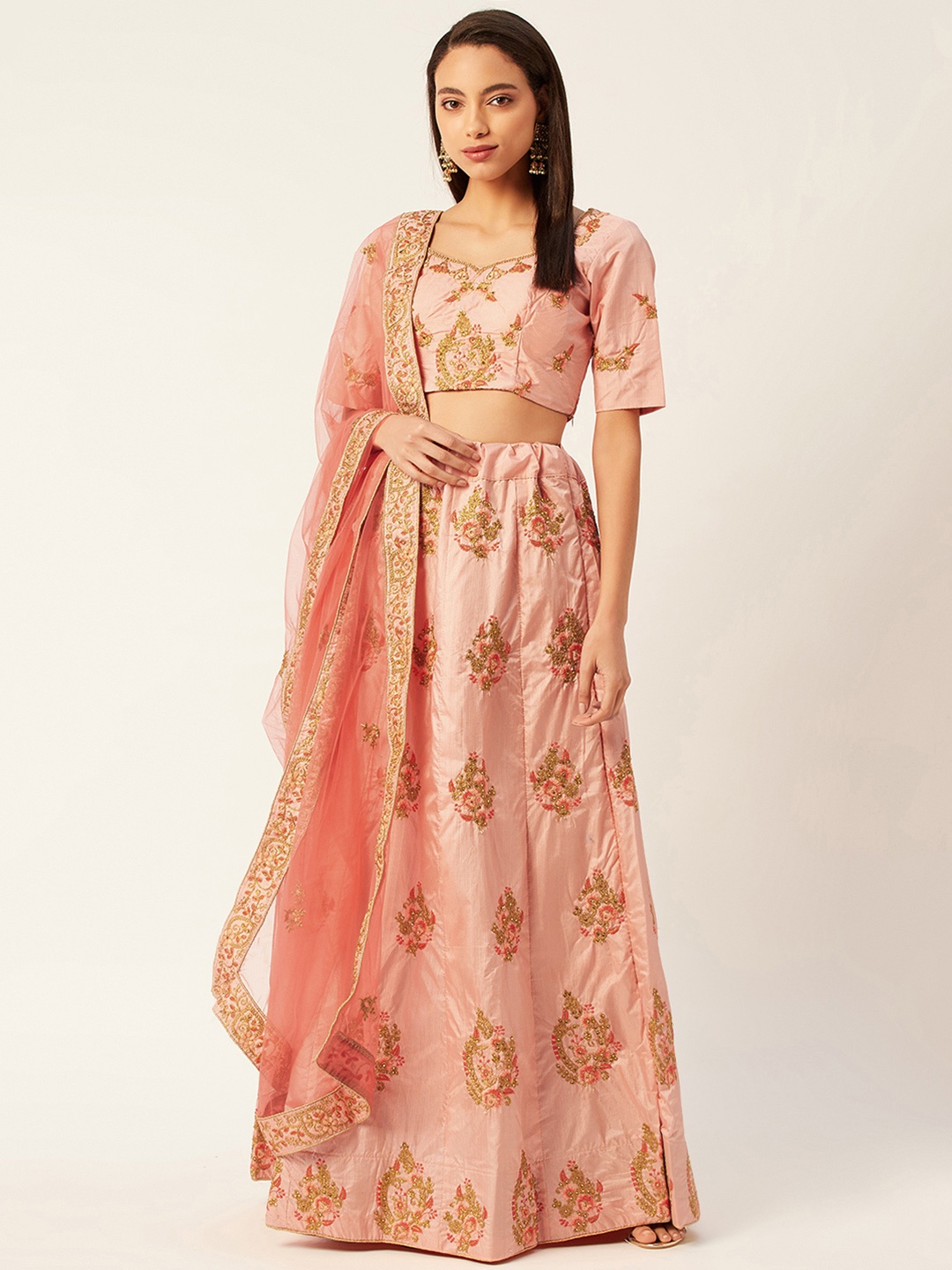 

Shaily Peach-Coloured & Gold-Toned Embroidered Semi-Stitched Lehenga & Unstitched Blouse with Dupatta