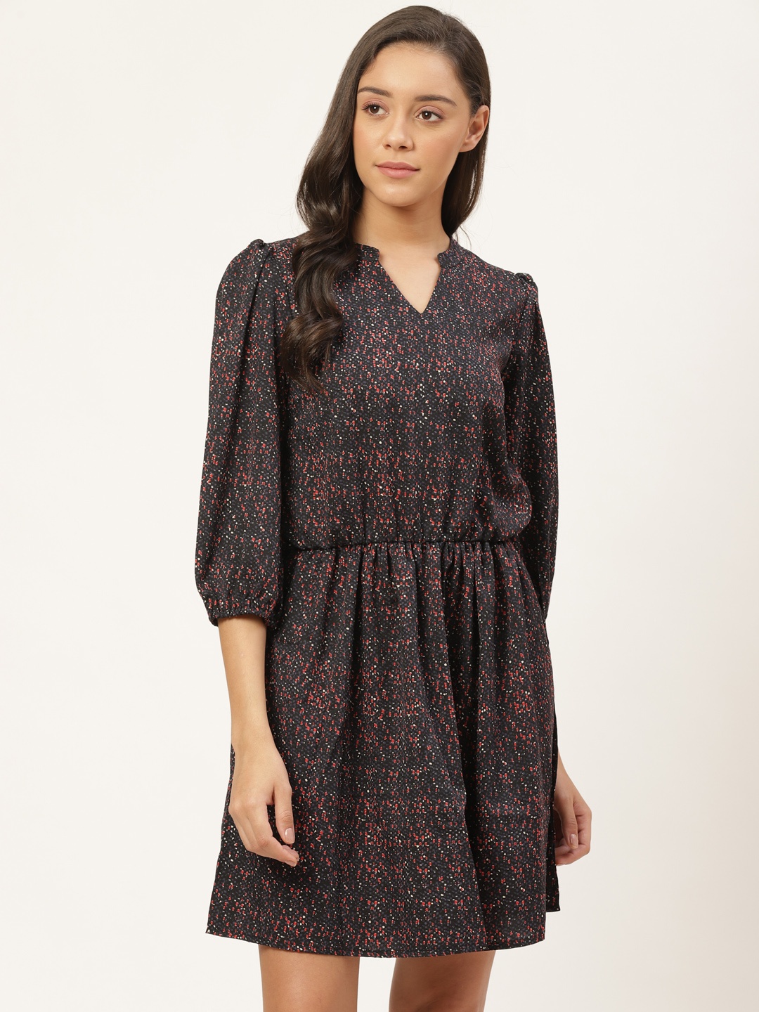 

Vaak Women Navy Blue & Red Printed A-Line Dress