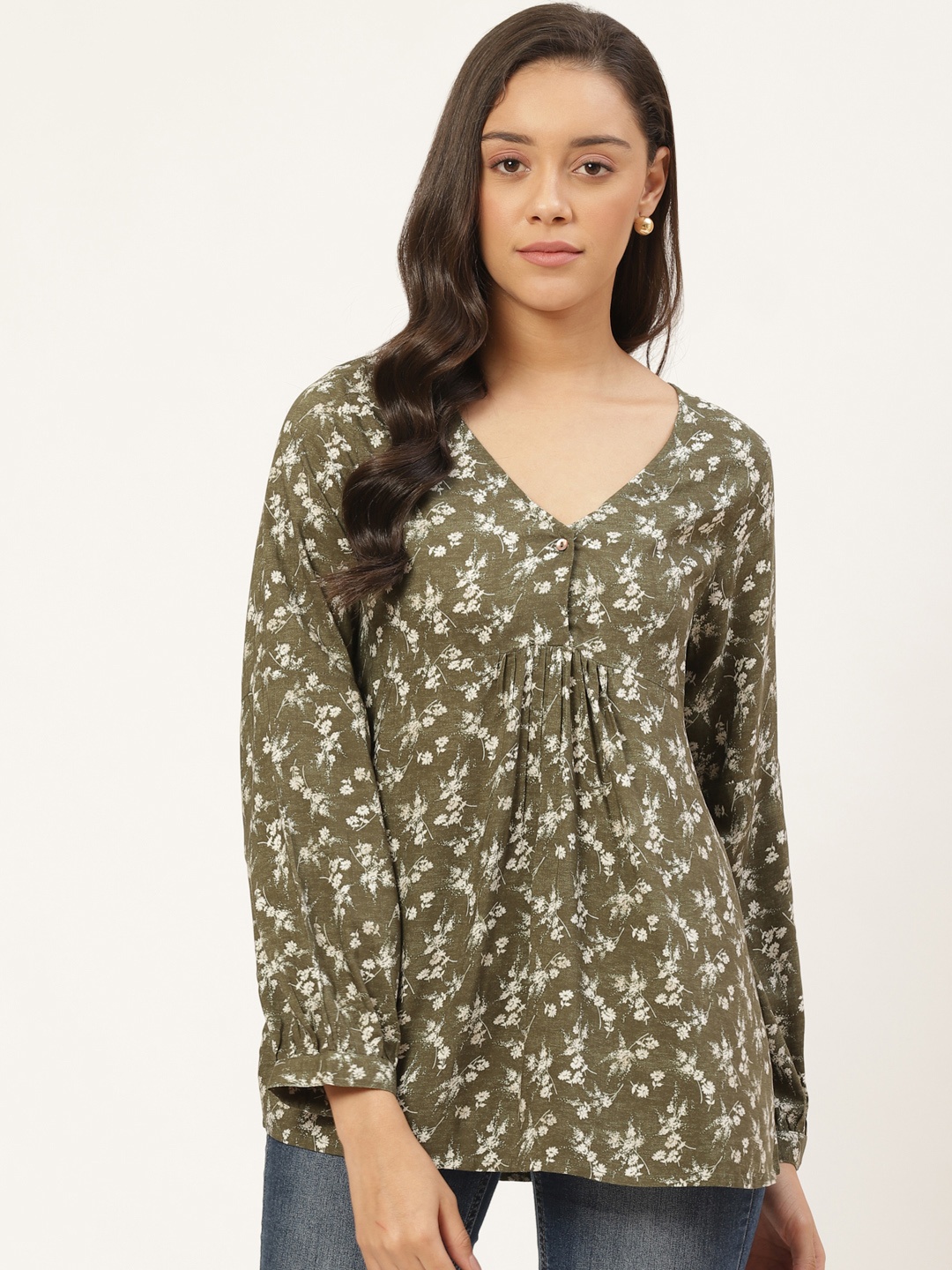 

Vaak Women Olive Green & Off-White Floral Printed Empire Top